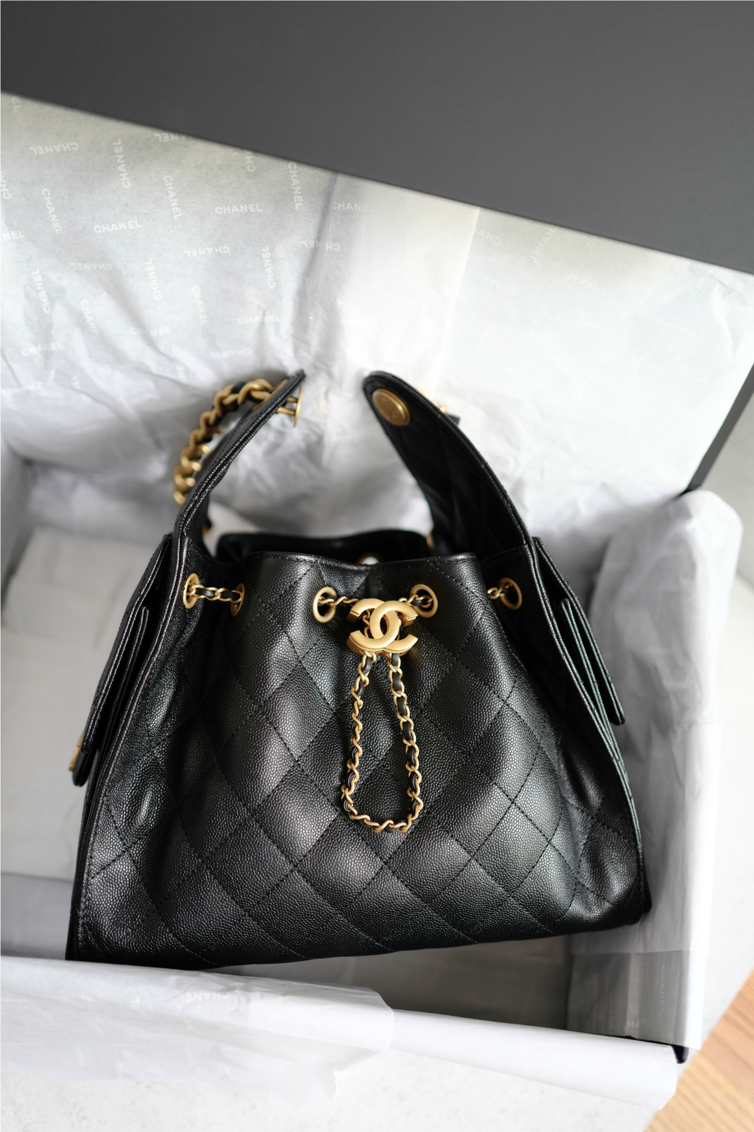 NEW Chanel 25S Small Hobo Bag Black Grained Calfskin with Gold Hardware