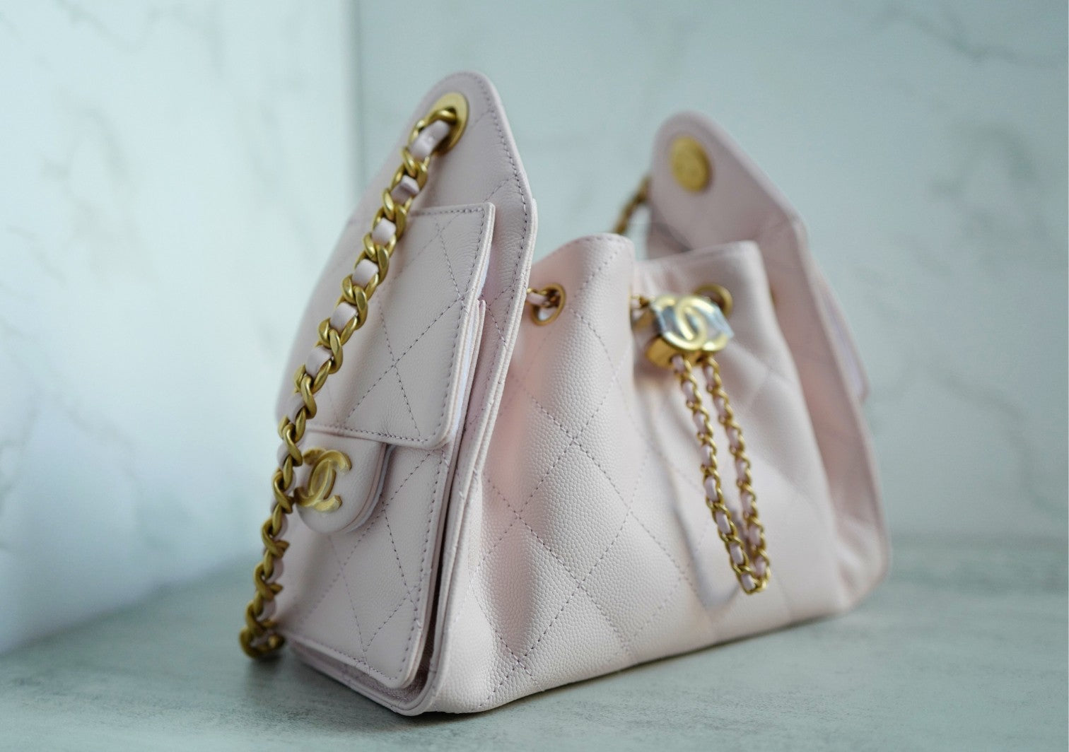 BNIB Chanel 26C Mini Hobo Bag Pink Grained Calfskin with Gold Hardware