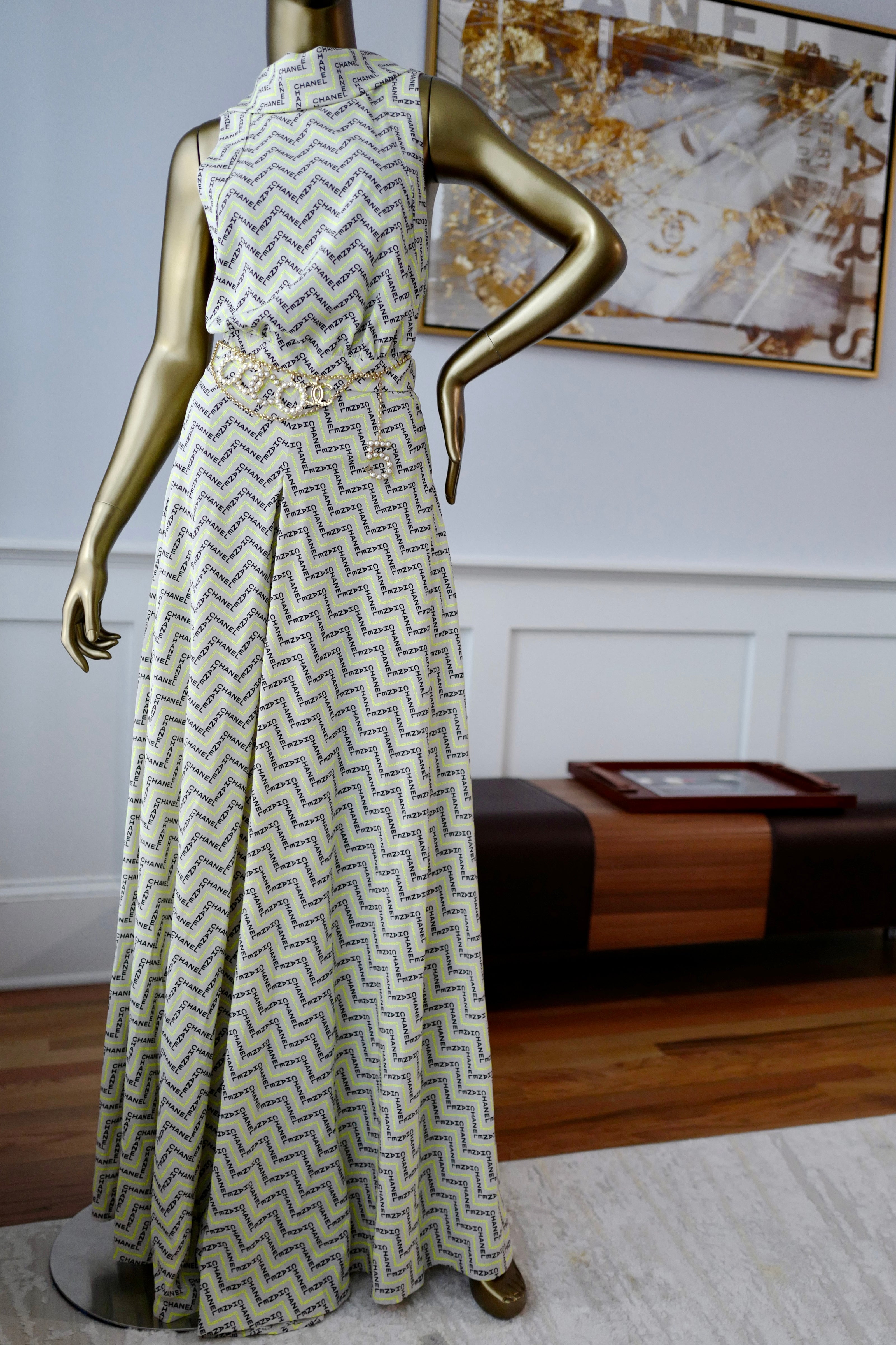 NEW Chanel 24K Jumpsuit Dress Printed Crepe de Chine in Beige, Yellow & Black Size 36