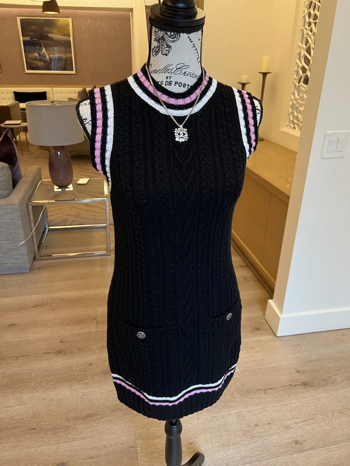 Chanel 23P RTW Tennis Knit Dress in Black, Pink and Ecru Strip Details 36