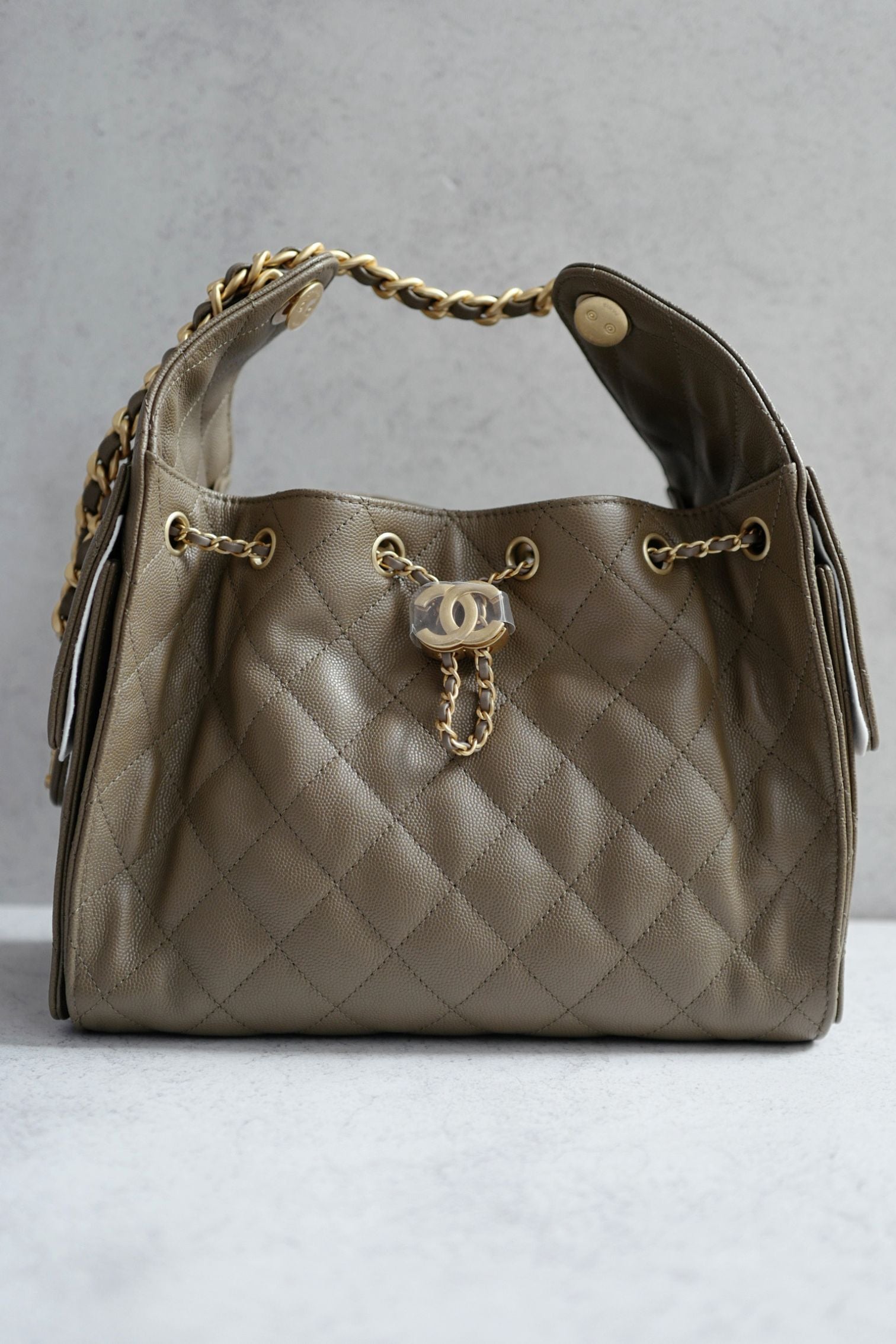 Chanel 26s Small Hobo Dark Khaki Grained Calfskin Gold Hardware