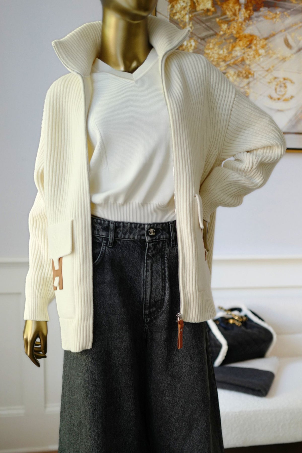 NEW Hermes Blouson Cardigan Wool Knit Blanc Naturel Size 34
