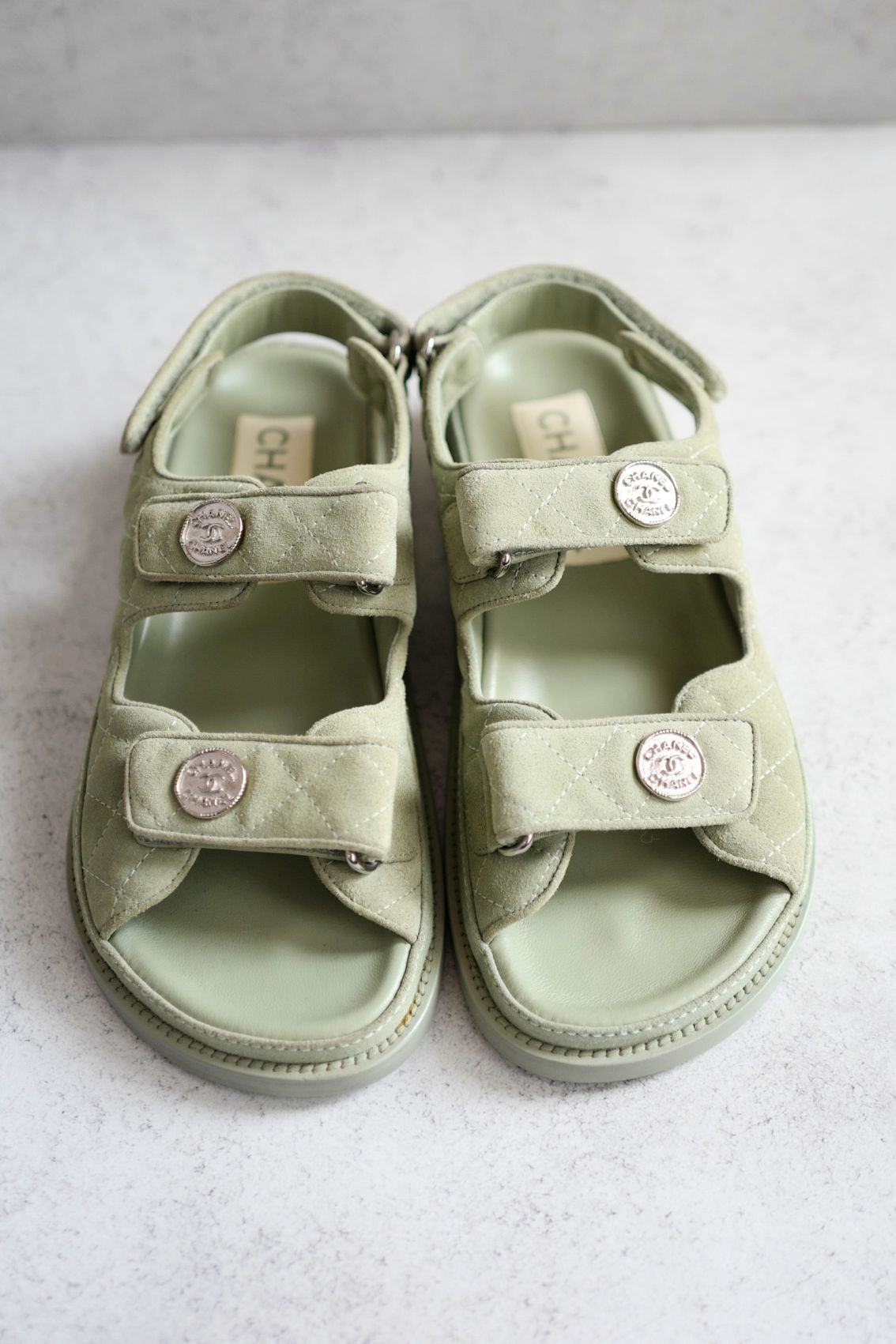 Chanel DAD SANDALS Green SUEDE LEATHER SANDAL Size 37 BNIB
