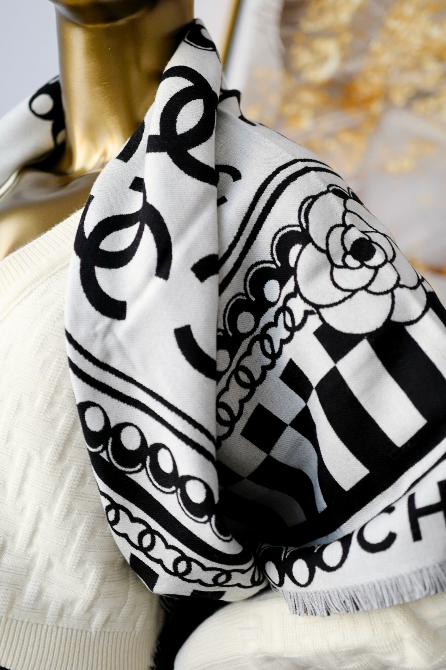 CHANEL 26C Black White Checkered Double CC Scarf Shawl