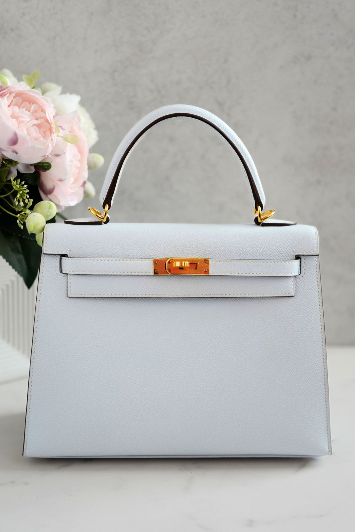 Hermes Kelly 25 Bleu Brume Epsom Sellier Gold Hardware