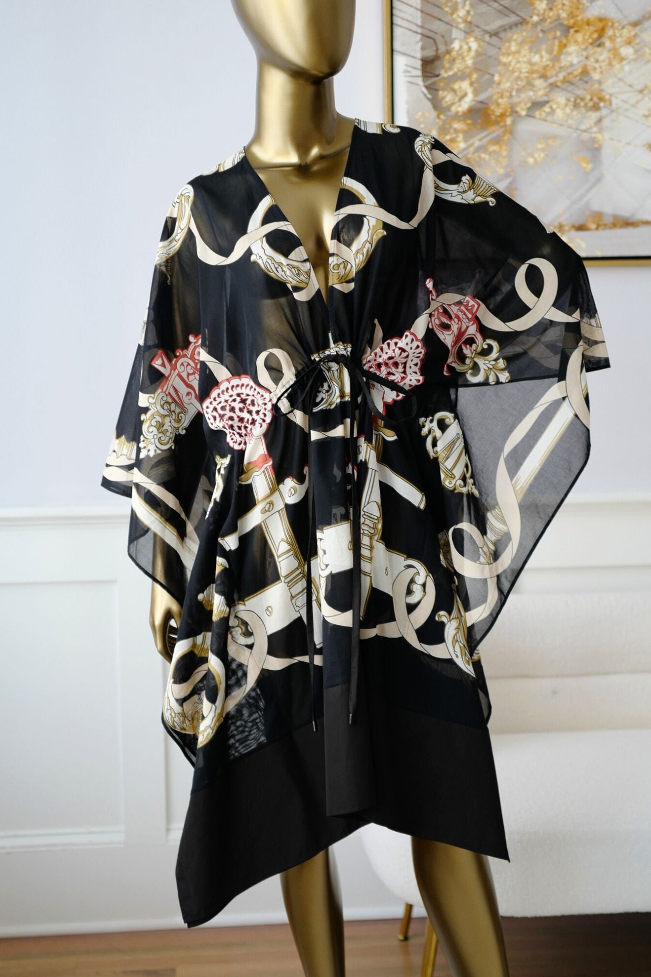 Hermès Woman Beach Caftan "Ferronnerie Remix" in Noir Cotton Voile One Size