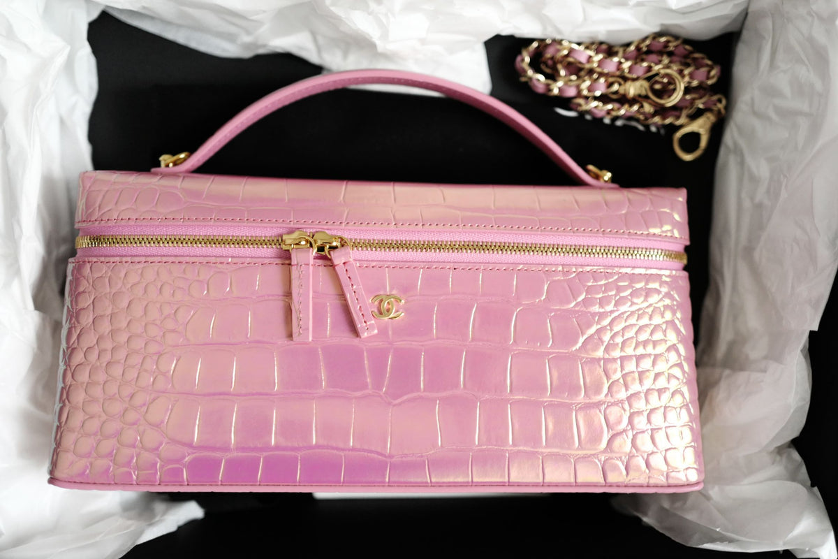 NEW Chanel 26K Vanity with Chain Rose Crocodile Embossed Calfskin Leather GHW