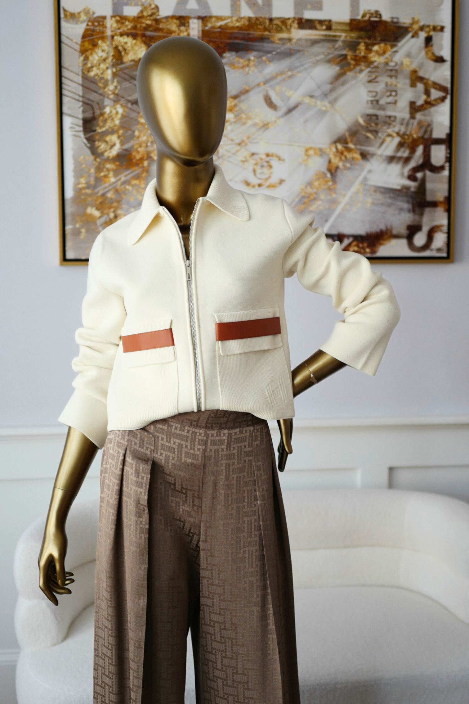 Hermès Woman Outdoor Jacket with Pockets Blanc Naturel Compact Knit Size 34