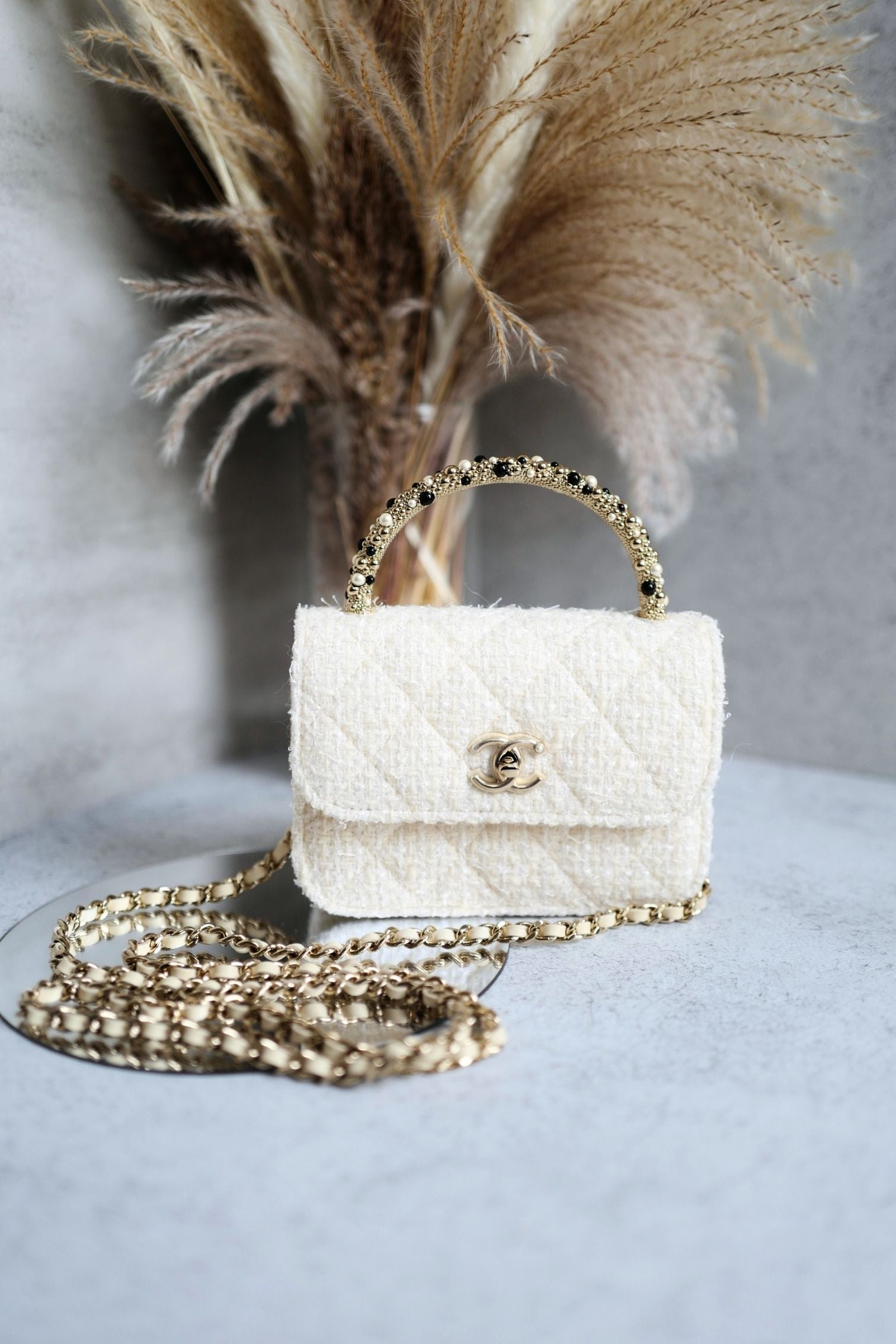 CHANEL 26C Top Handle Clutch With Chain in Tweed Pearl Ecru White Gold Hardware