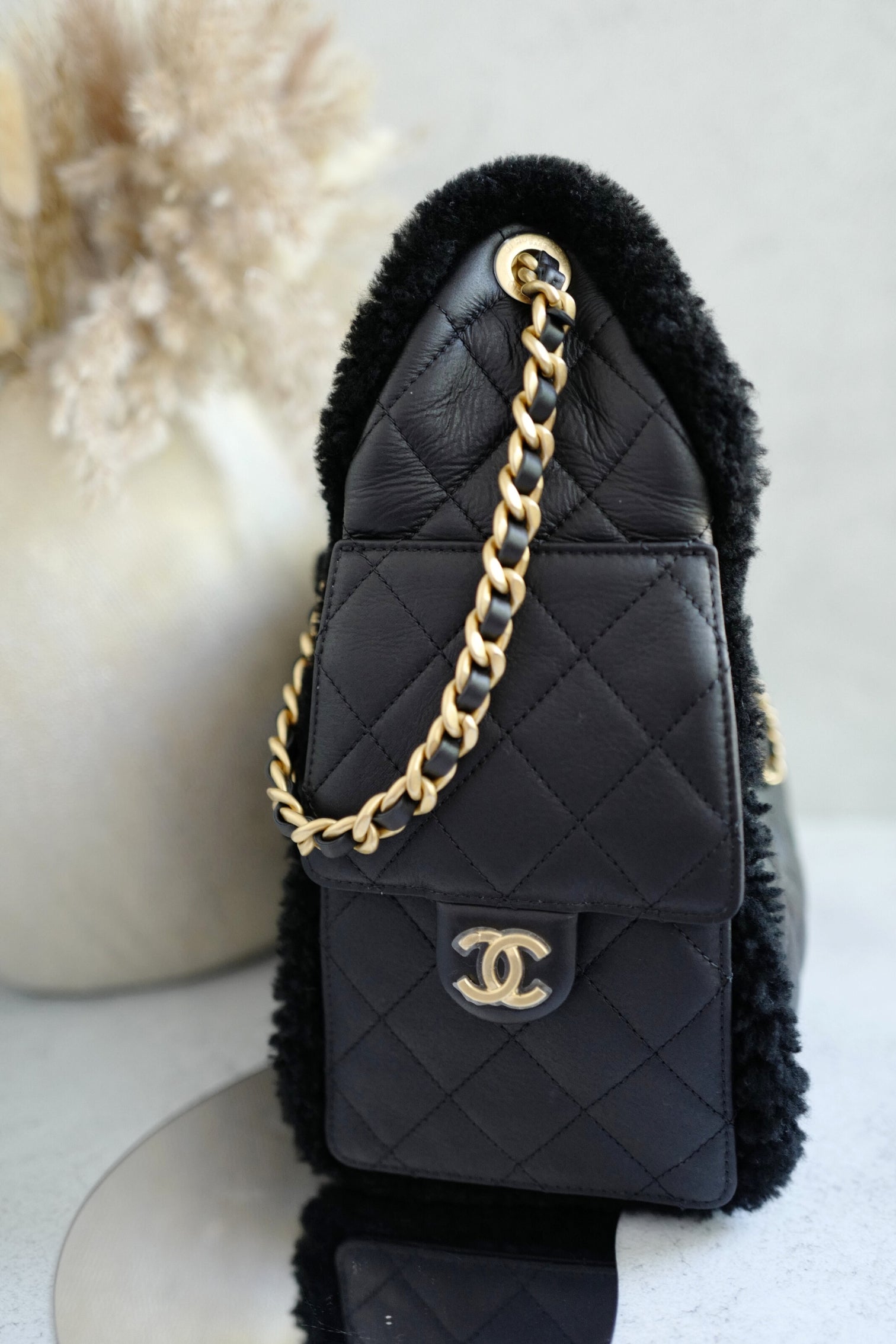 Chanel 25K Small Hobo Bag in Black Shearling and Calfskin Leather Gold Hardware