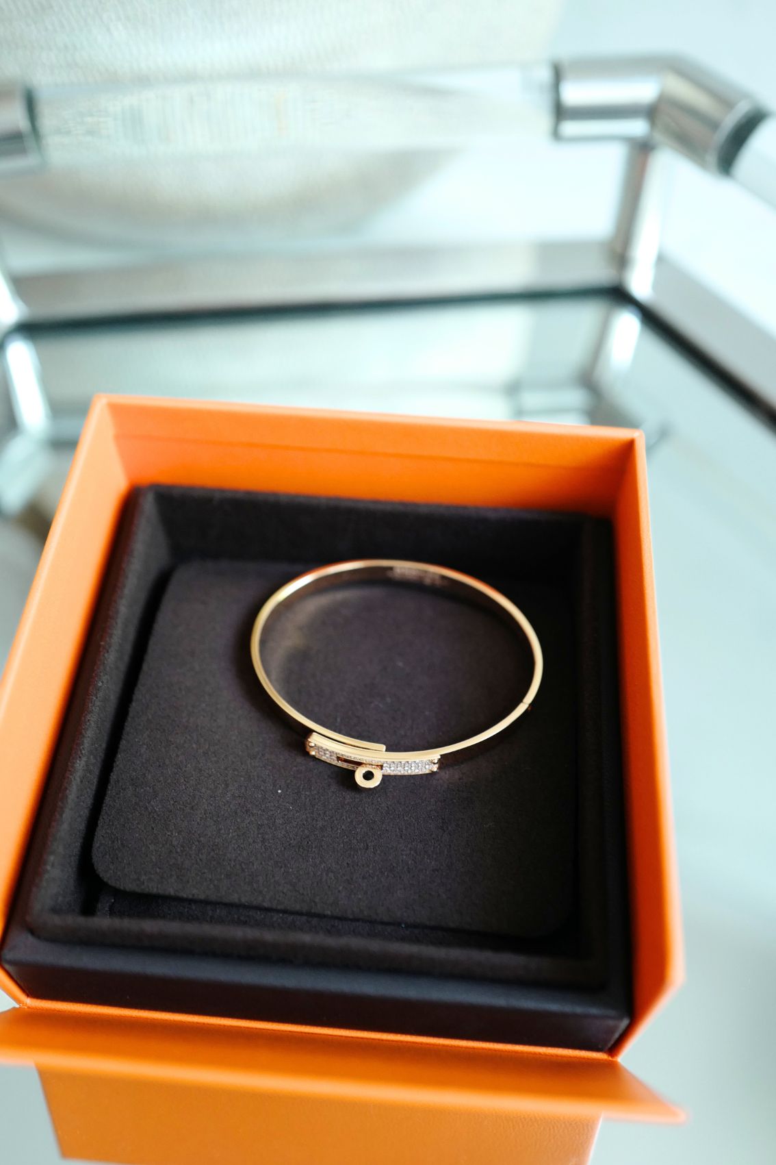 Hermès Kelly Diamond Bangle Bracelet 18K Rose Gold 0.36ct Size SH