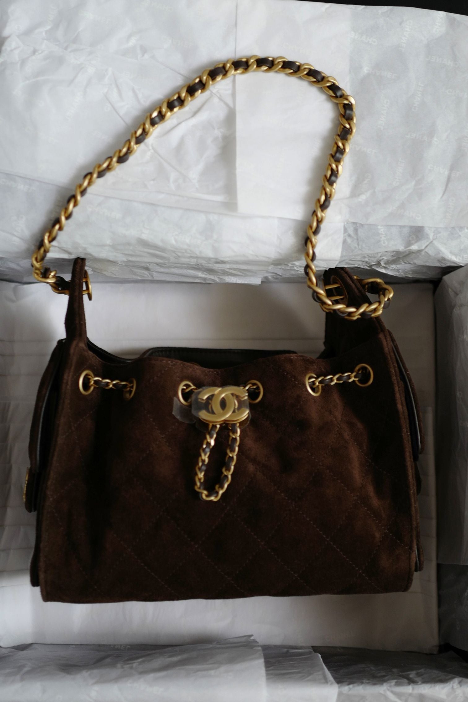 Chanel 26C Mini Hobo Dark Brown Suede Calfskin Gold Hardware