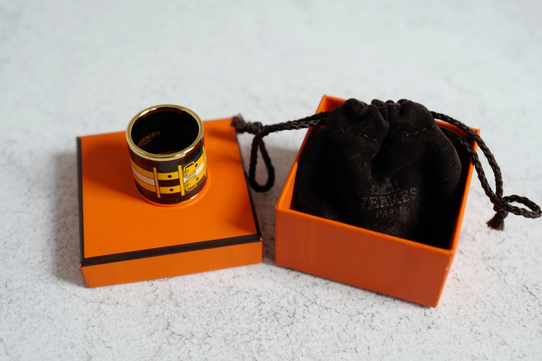 Hermès Rocabar Enamel Scarf Ring Black/Yellow/Blue Striped