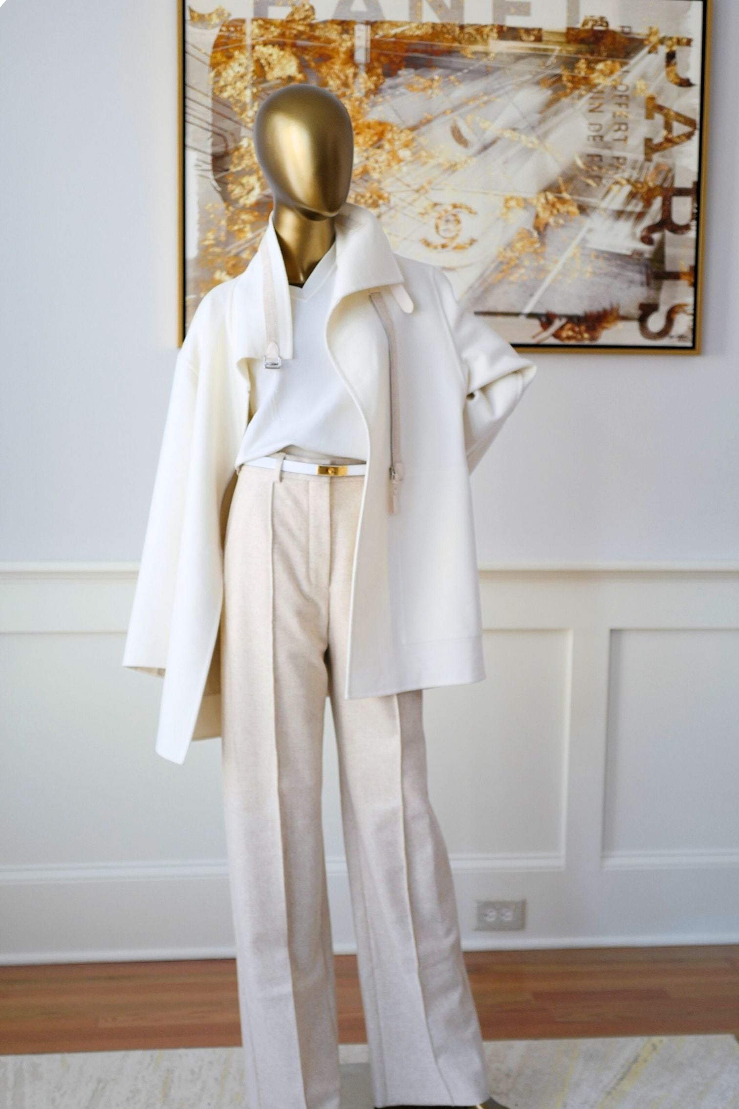 Hermès Double-Face Cashmere Coat with Felt & Leather Details in Natural White Size 34