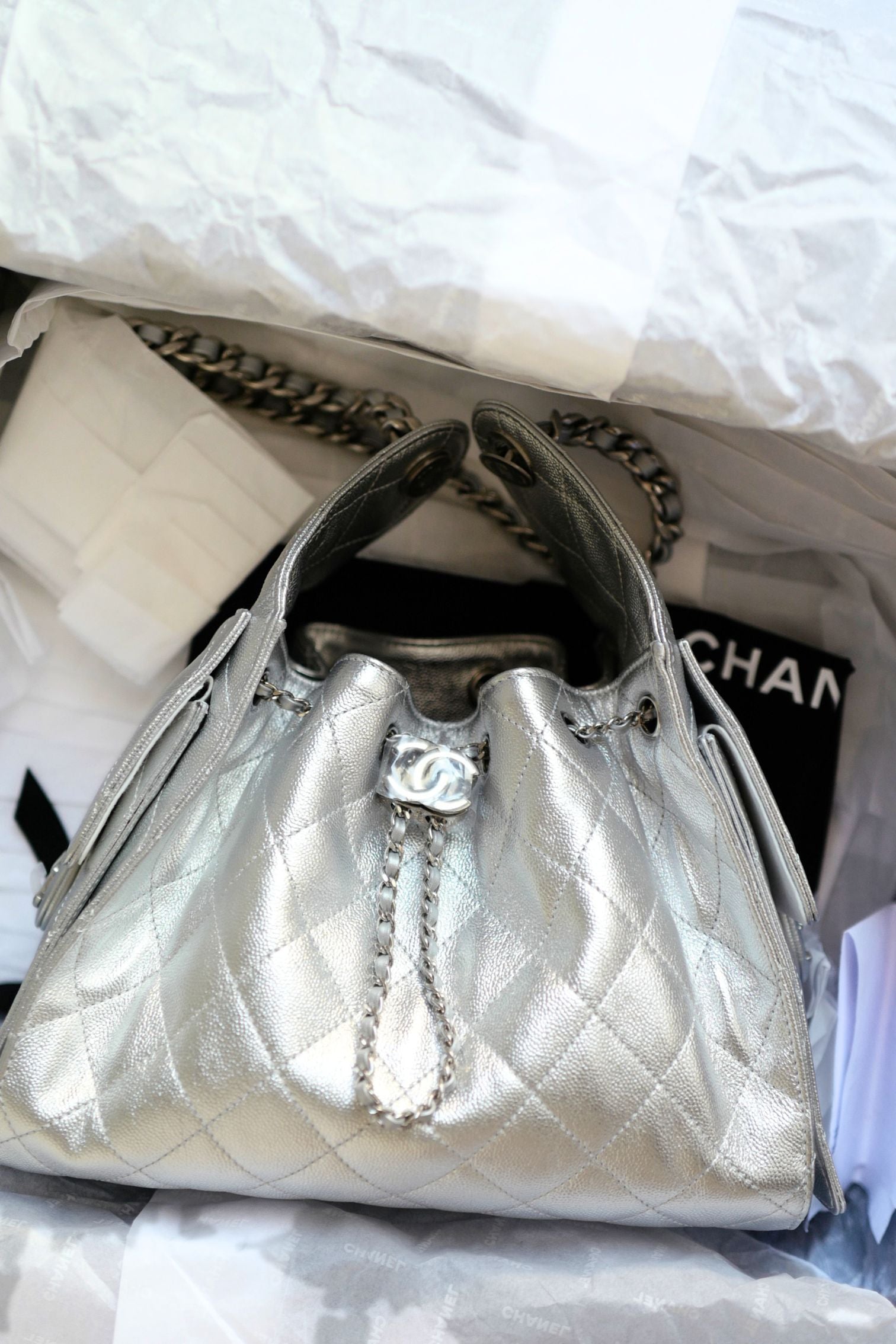 Chanel 26C Small Hobo Silver Metallic Grained Calfskin Silver Hardware