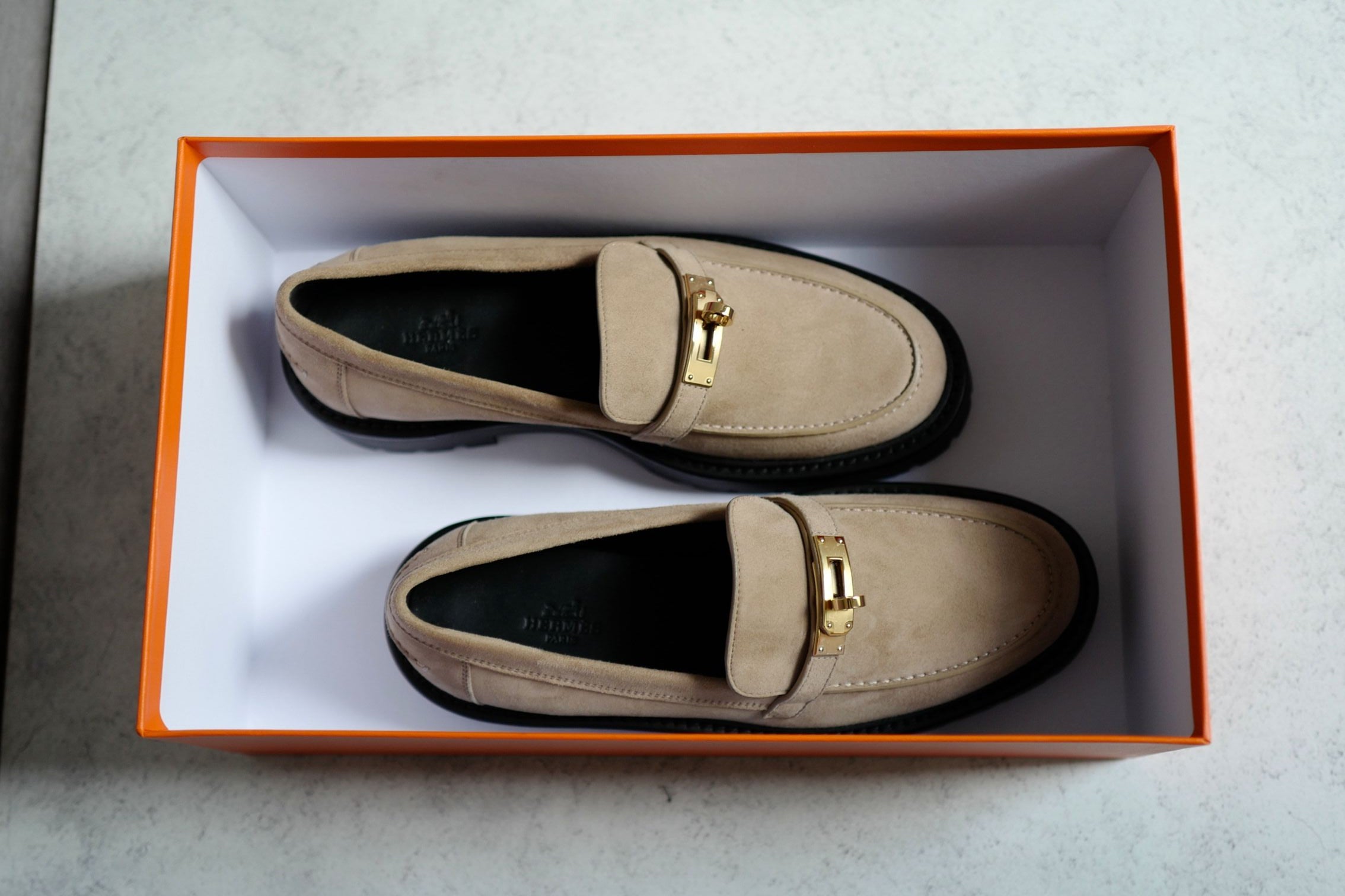 Hermes Shoes Icone Loafers Suede Beige Sable Size 38.5
