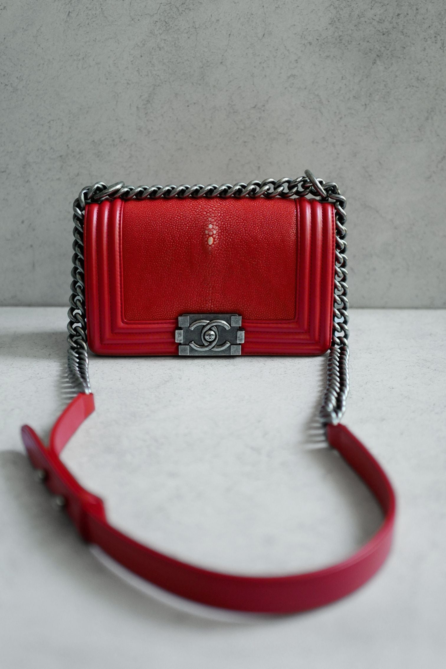 Preloved Chanel Boy Red Small In Stingray Ruthenium HW Limited Edition #18