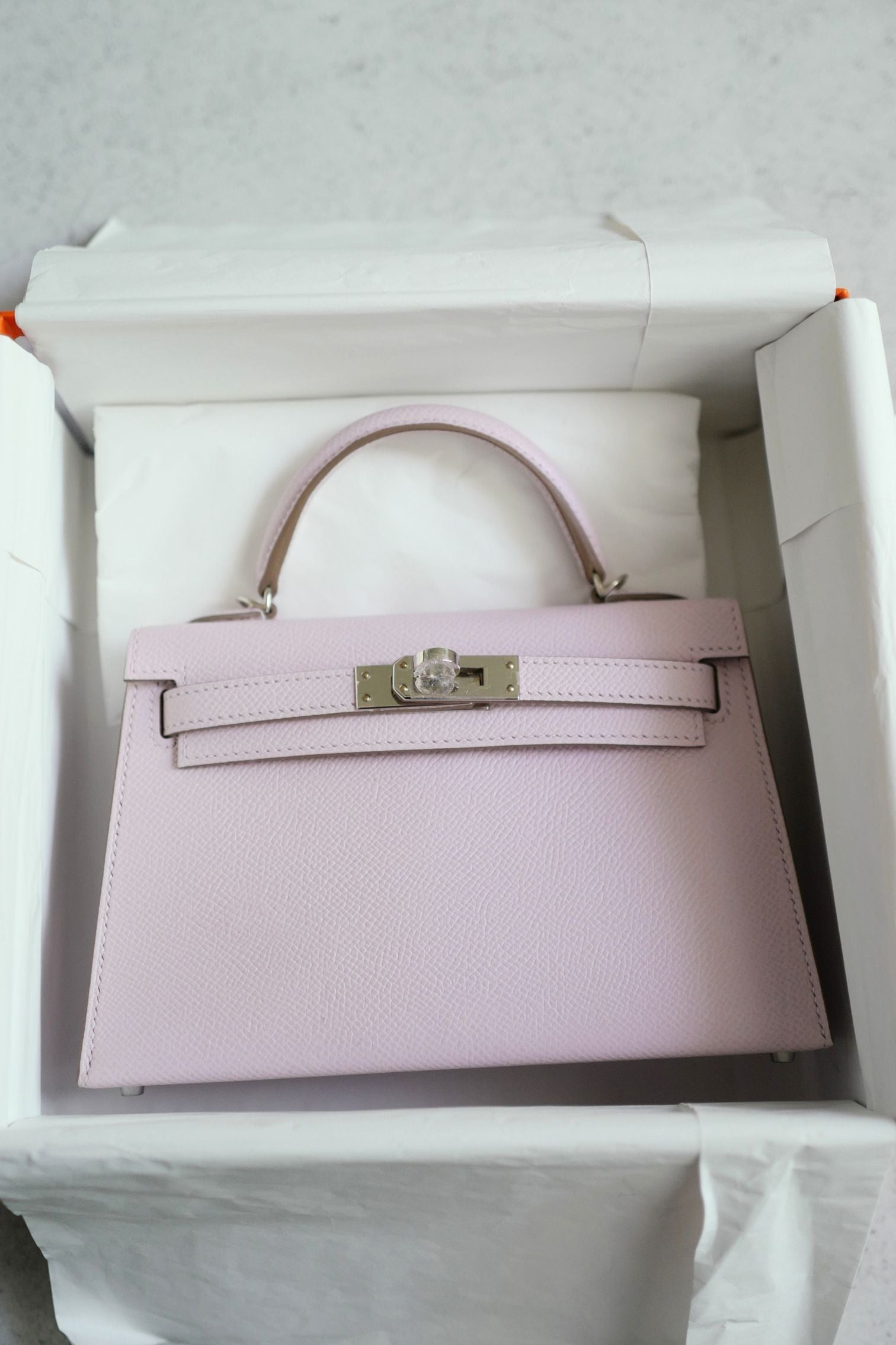 Hermès Mini Kelly Mauve Pale Epsom Leather Palladium Hardware 2024 Stamp B
