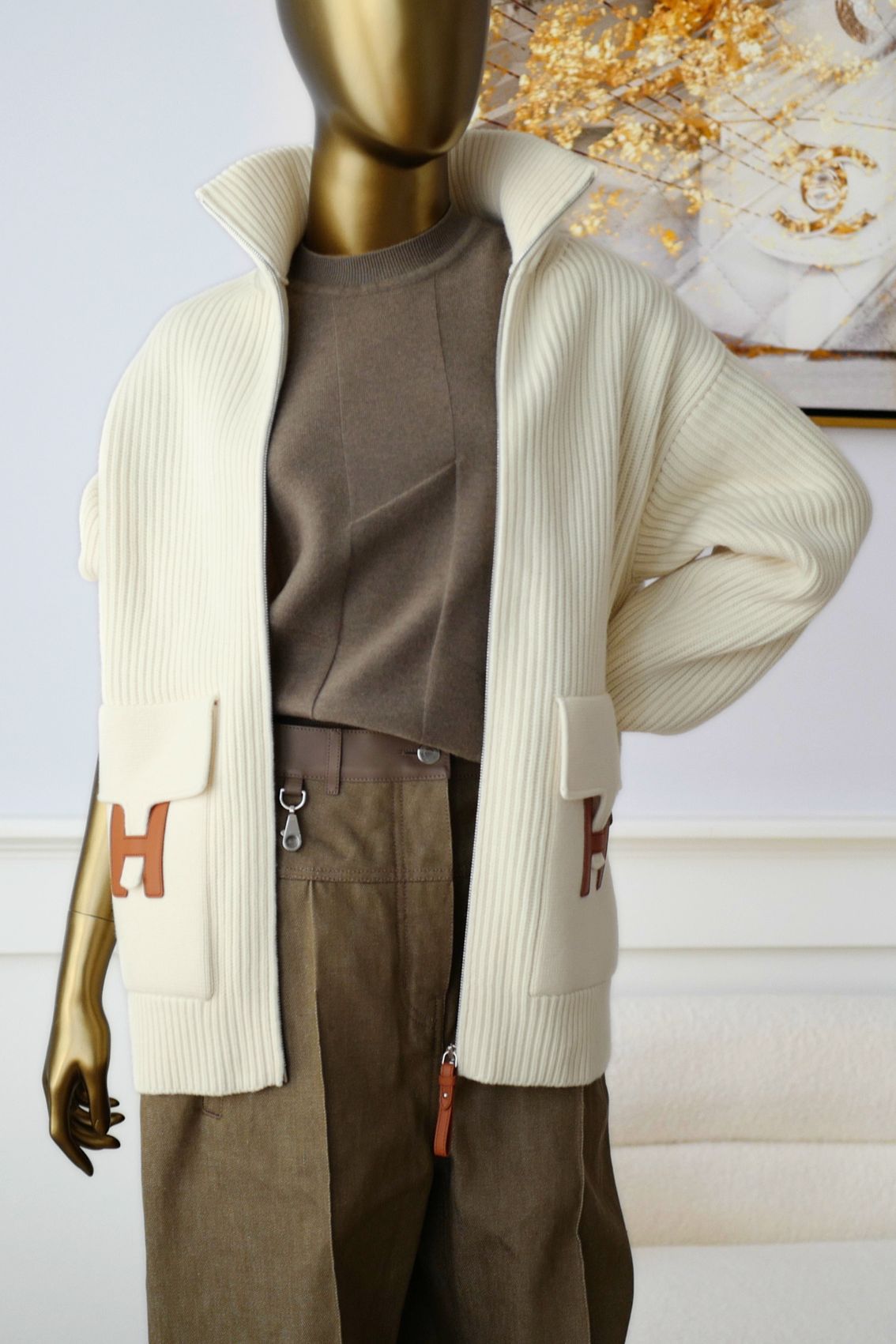 Hermès Blousson Cardigan Blanc Naturel Wool Knit Size 38