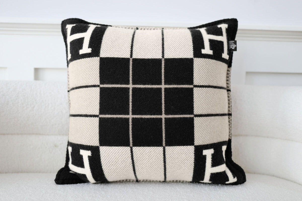 New Hermes Avalon III Jacquard Cushion Petit Modele Wool Cashmere Ecru Noir