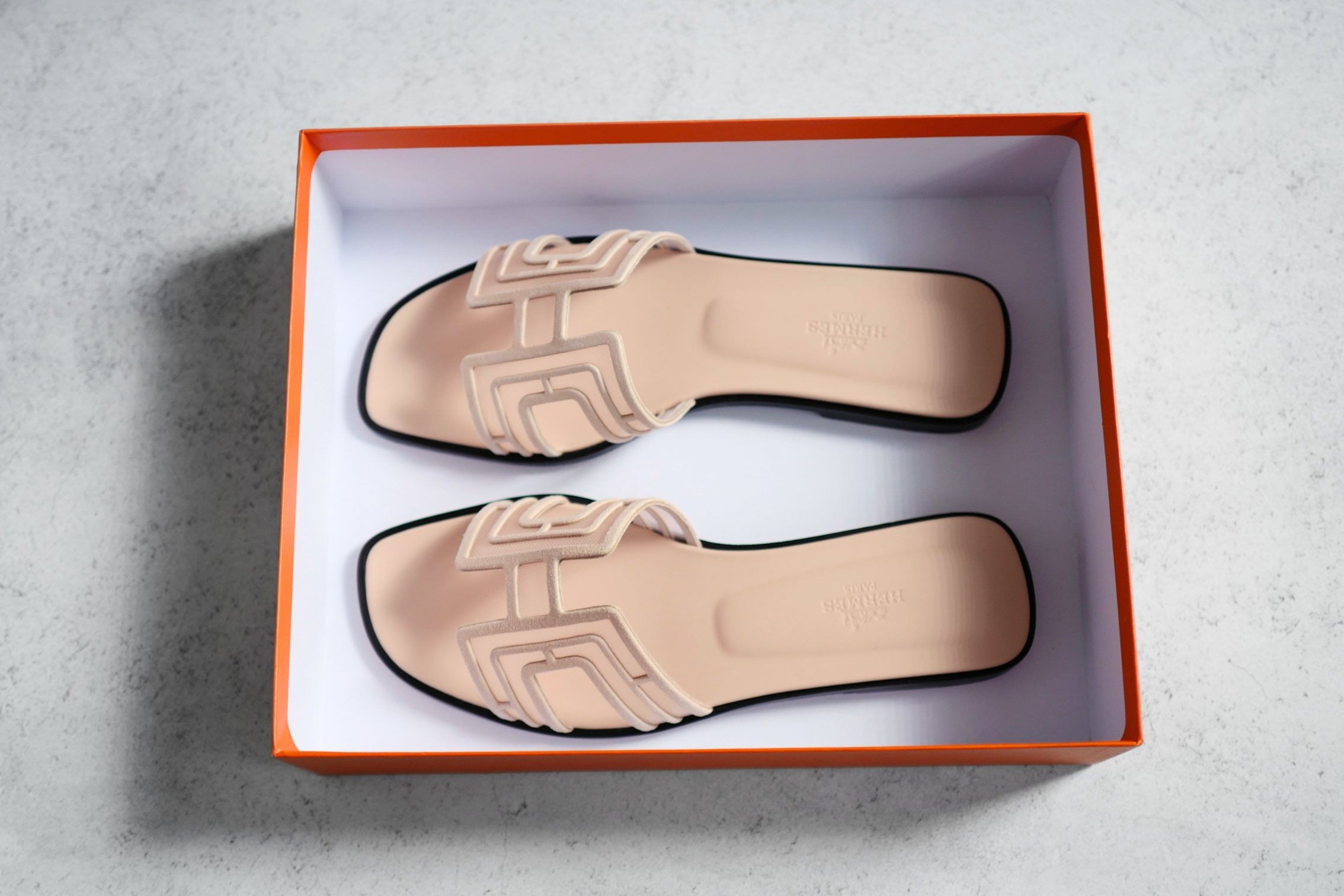 BNIB Hermes Oran Sandal Chevre Velours Resille Arcai Beige Nude Size 38