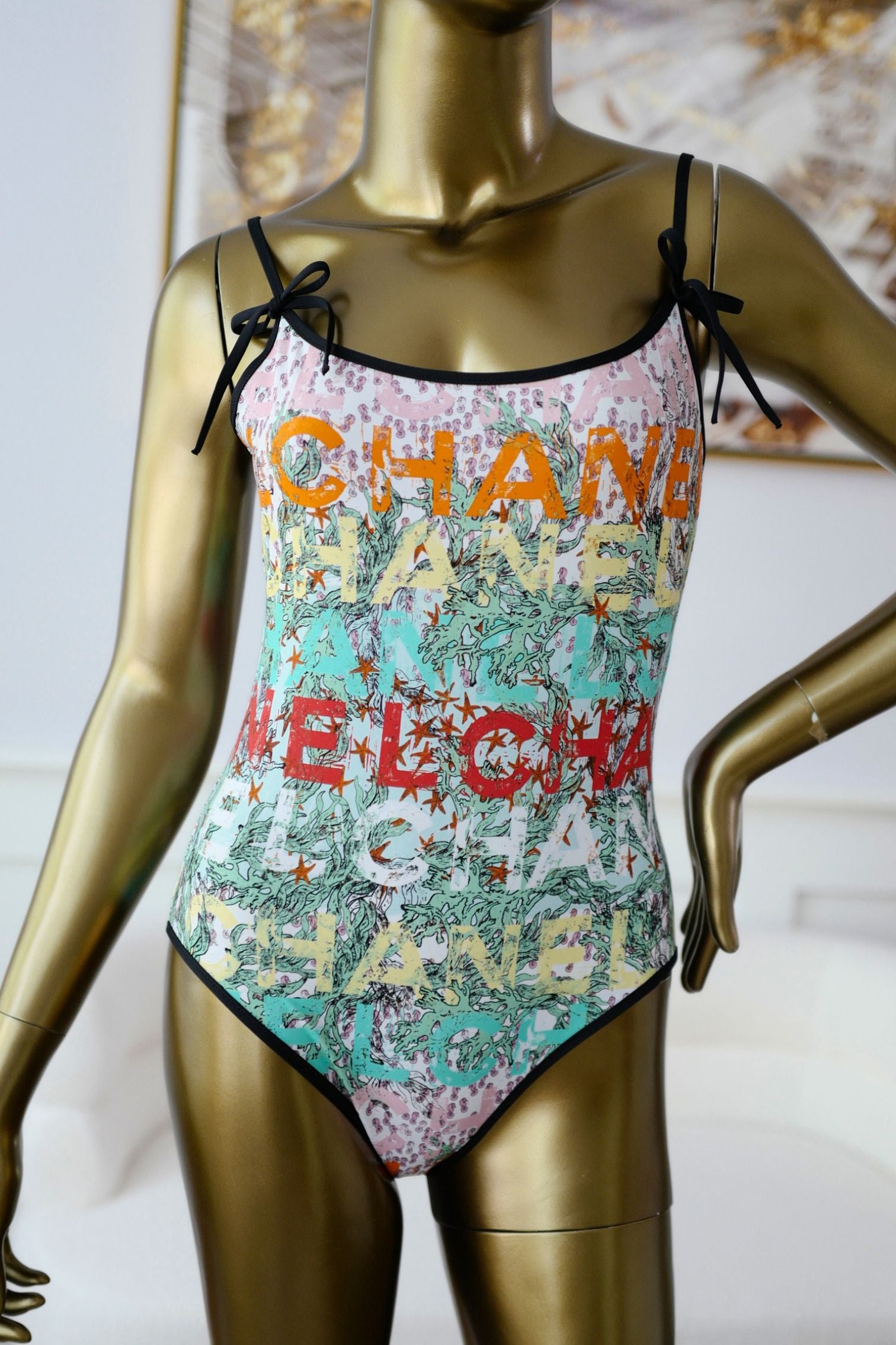 Chanel 26M Coco Beach Swimsuit Multicolor Stretch Jersey Size 38