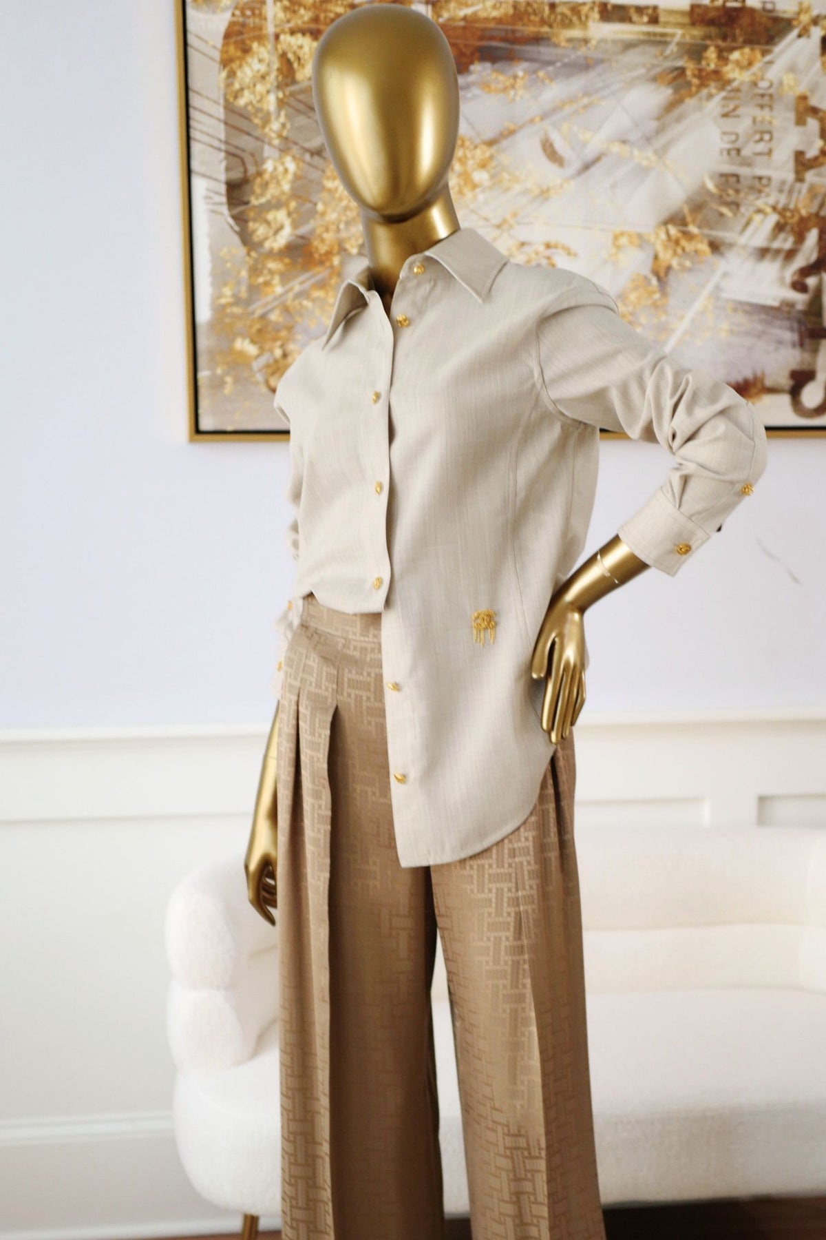 NEW Chanel 26K Women Shirt Wool Tailored Mushroom Beige Size 36