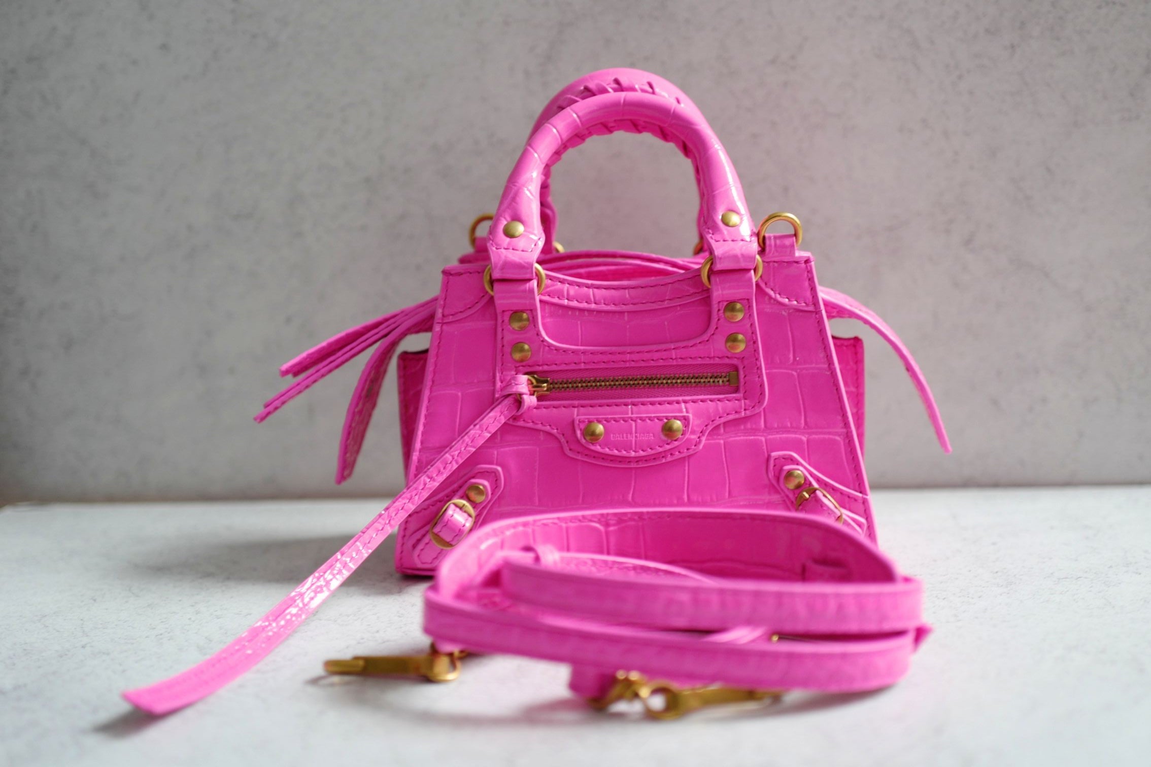 Balenciaga Neo Classic Nano Size In Bright Pink Croco Leather
