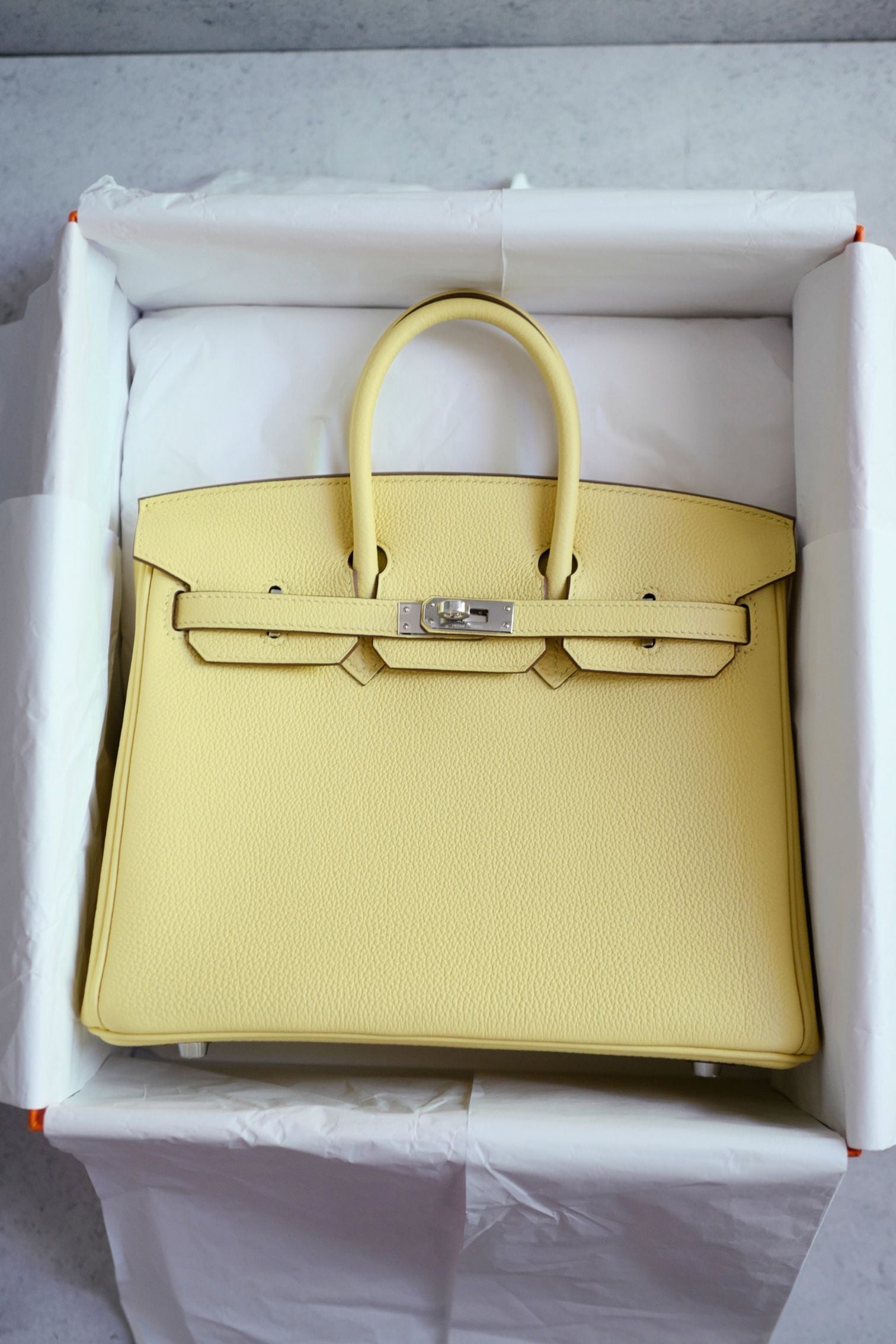 Hermès Birkin 25 Jaune Poussin Togo Leather Palladium Hardware G Stamp