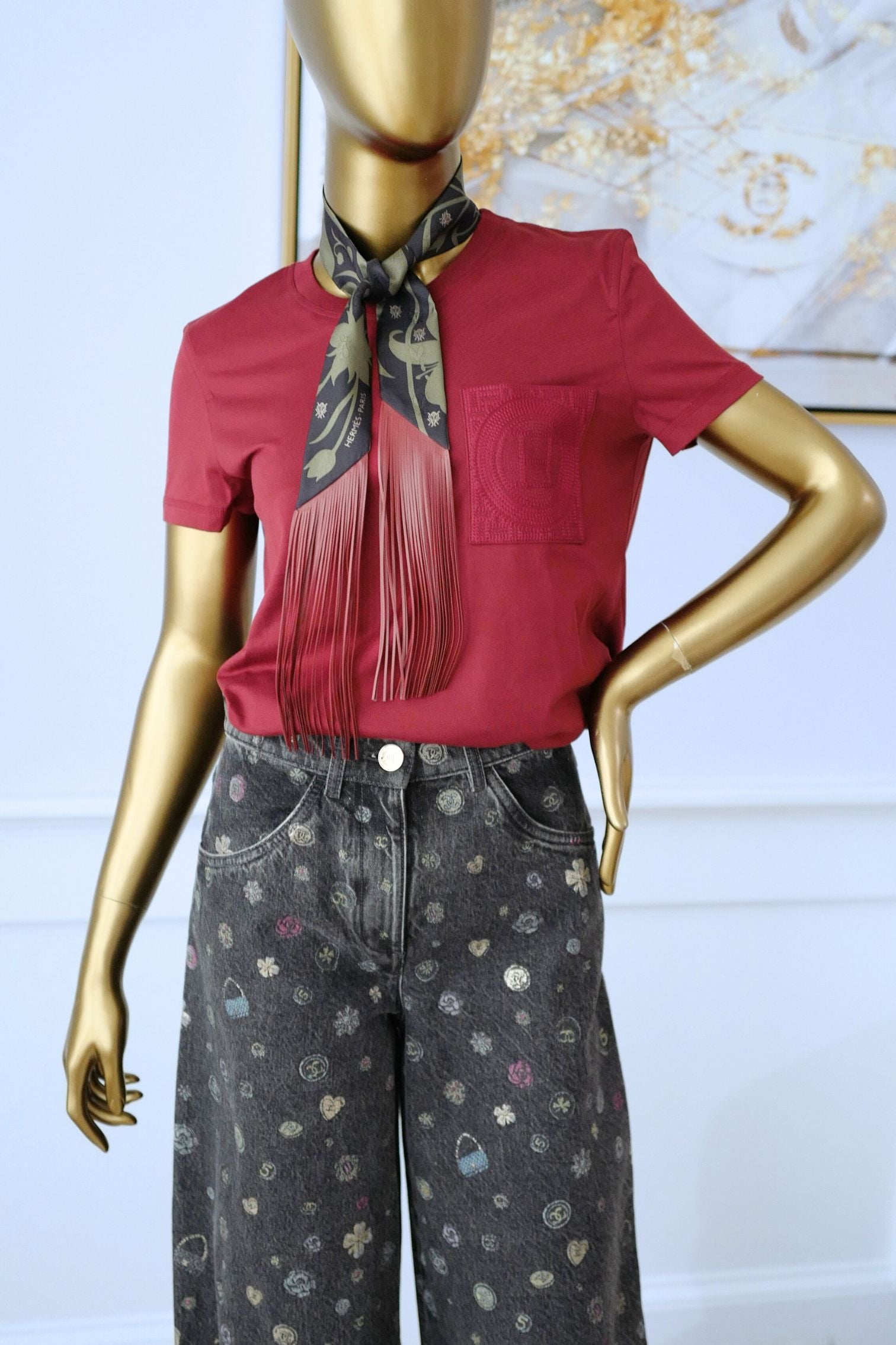 Hermès Twilly Bouquet Final Silk Noir/Vert Loden/Rouge H with Leather Fringe