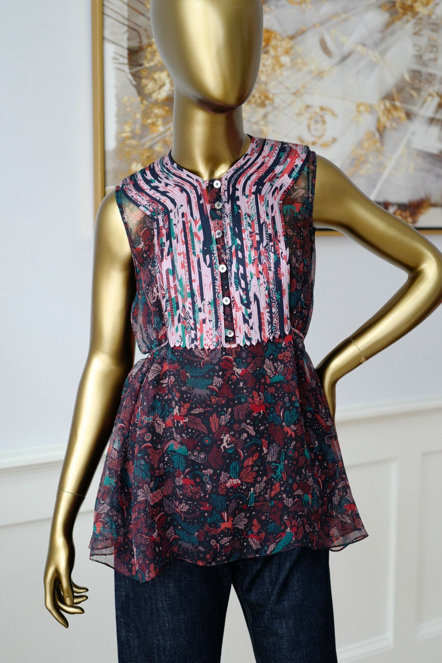 Hermes Silk Blouse Ennobli A Plastron Ox Bleu Marin Sleeveless 36 NEW Two Pcs