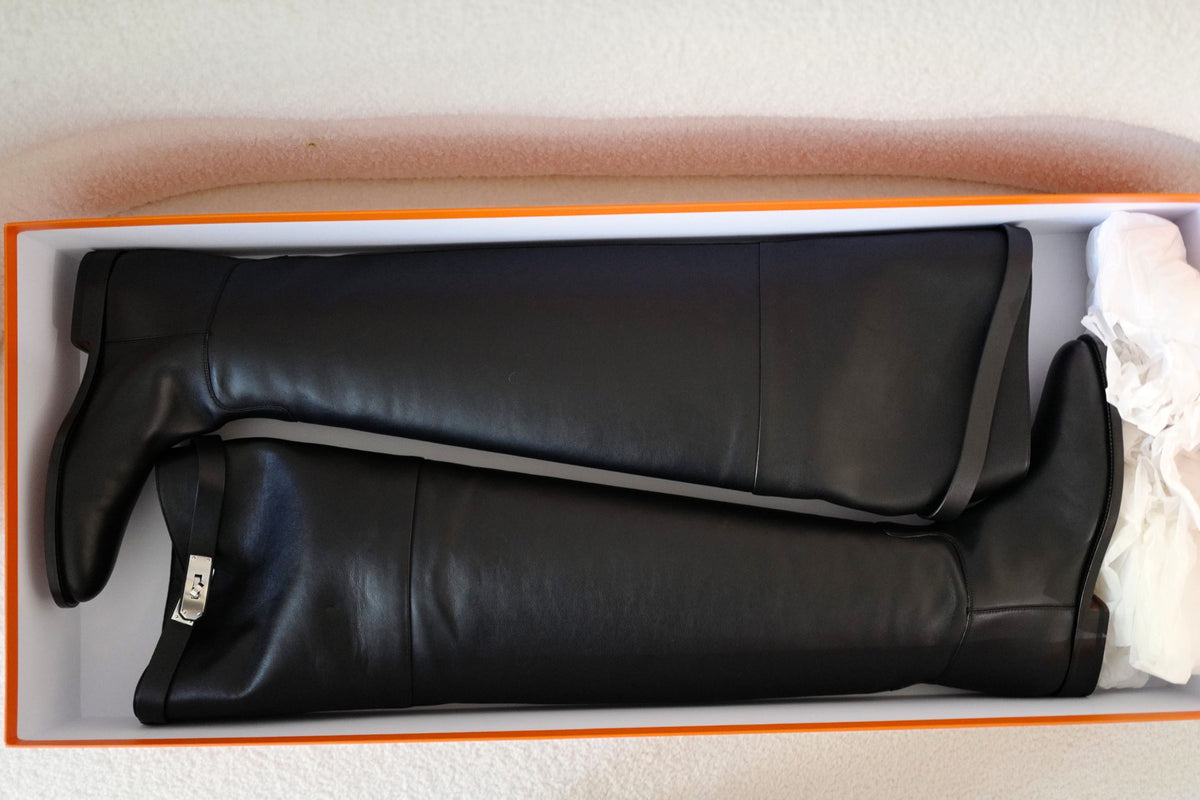 Hermes Thigh High Boots Noir Calfskin Palladium Kelly Buckle Size 38