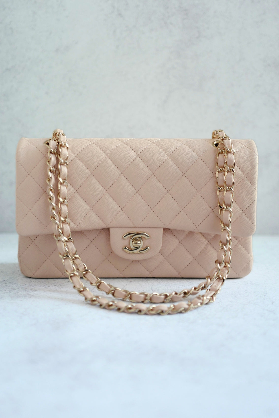 BNIB Chanel Medium Classic Double Flap Bag Beige Clair Grained  Gold Hardware