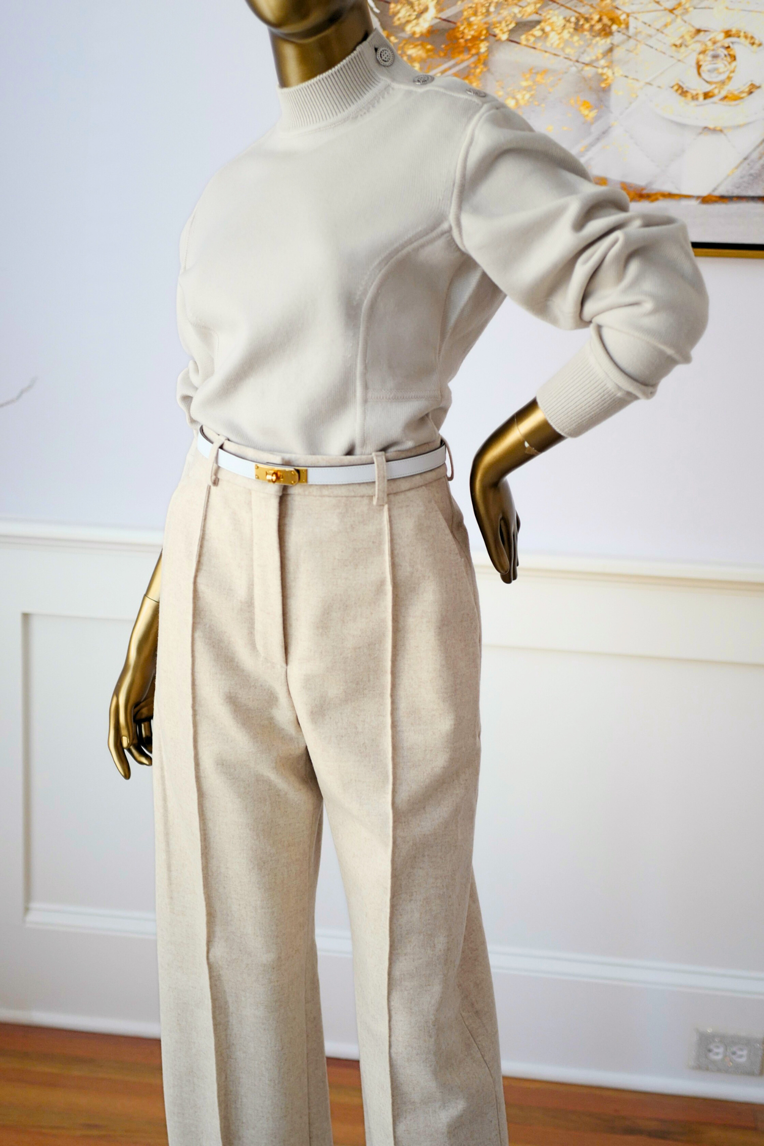 Hermès Sweater with Ferronnerie Button Details Jewel Knit Mock Neck Size 36 Beige Sable