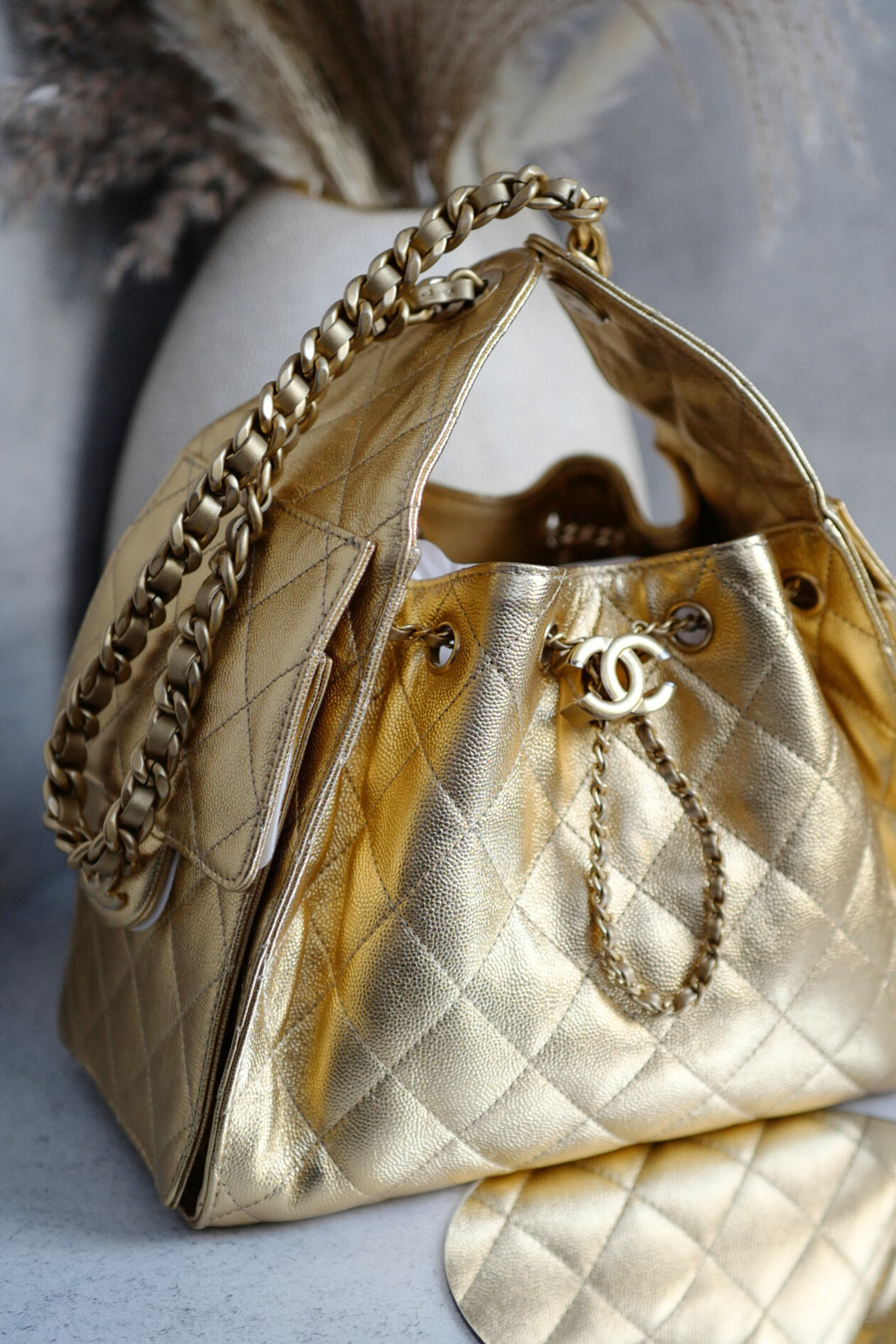 BNIB Chanel 26C Small Hobo Gold Metallic Grained Calfskin with Gold Hardware