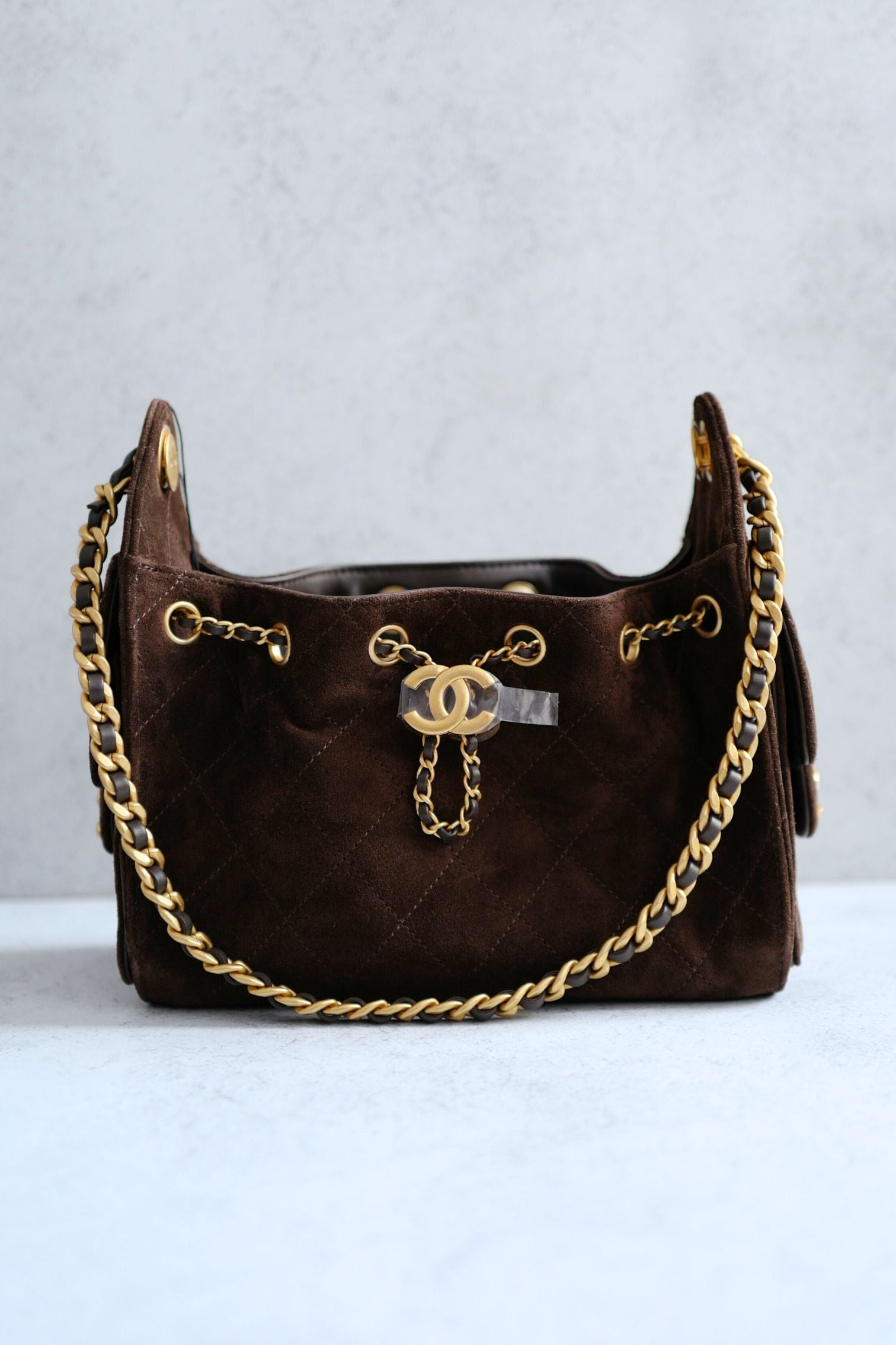 Chanel 26C Mini Hobo Shoulder Bag Dark Brown Suede Calfskin Gold Hardware