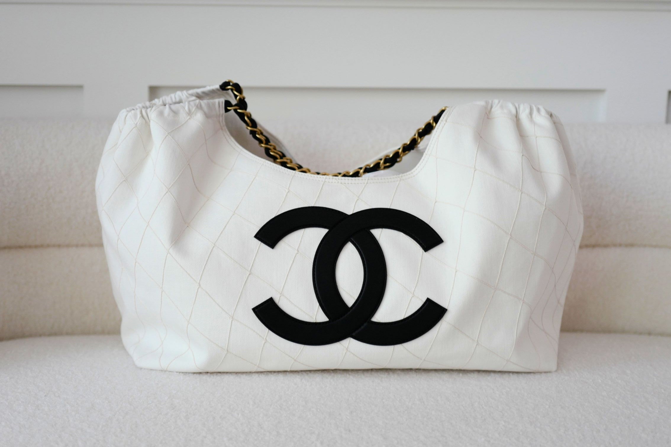 Chanel 26M Coco Beach Small Tote White Black Denim Calfskin Gold Hardware