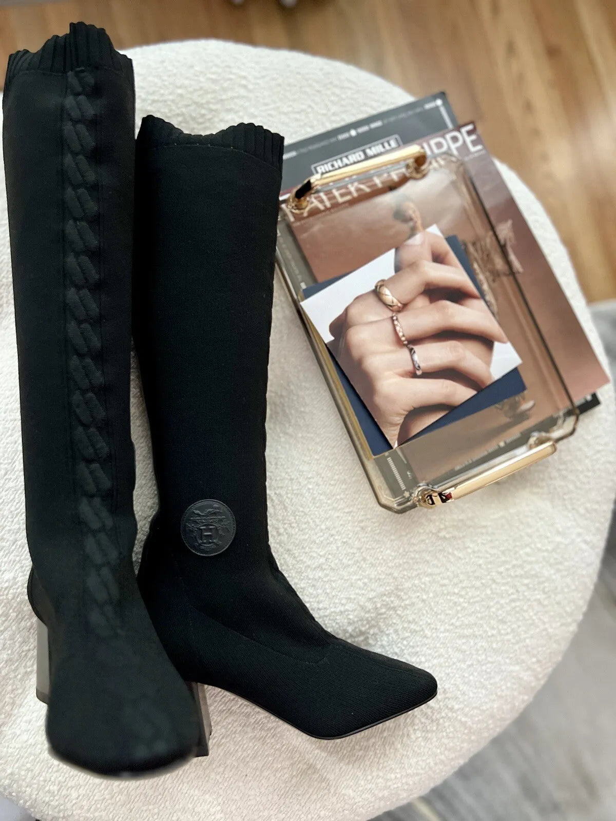 Hermes Fontaine 60 High Knee boots H Knit In Noir Size 38 BNIB