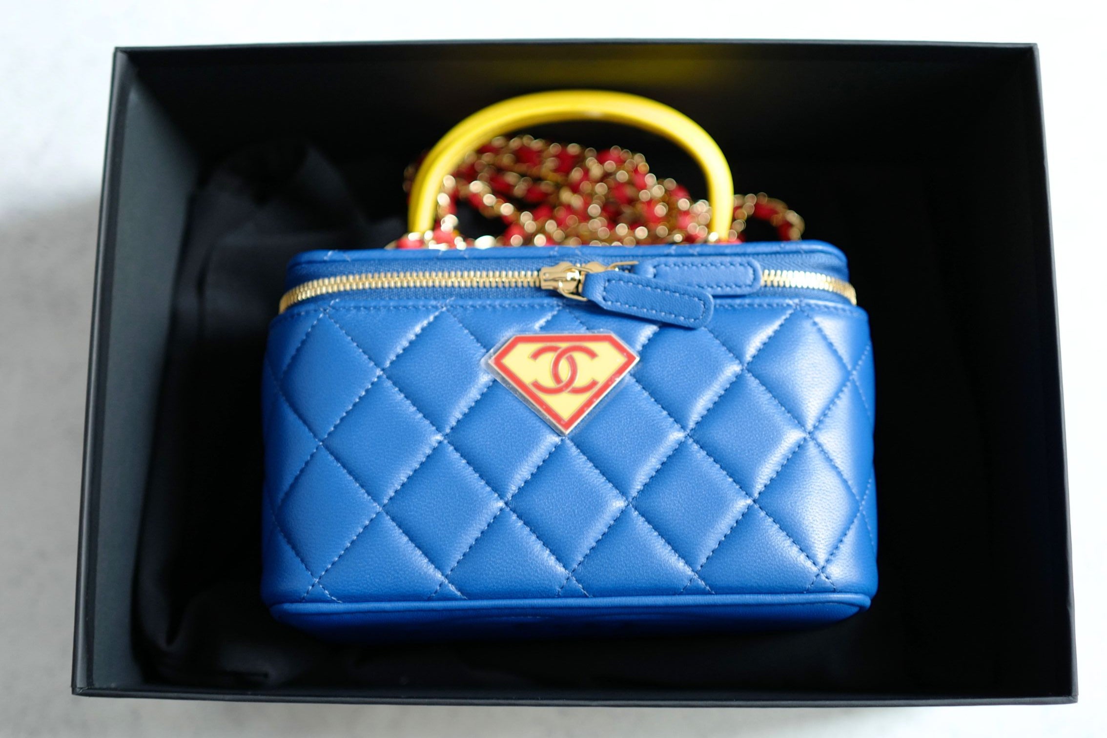 Chanel 26A Long Vanity Superman With Chain Lambskin Blue/Yellow/Red Gold HW