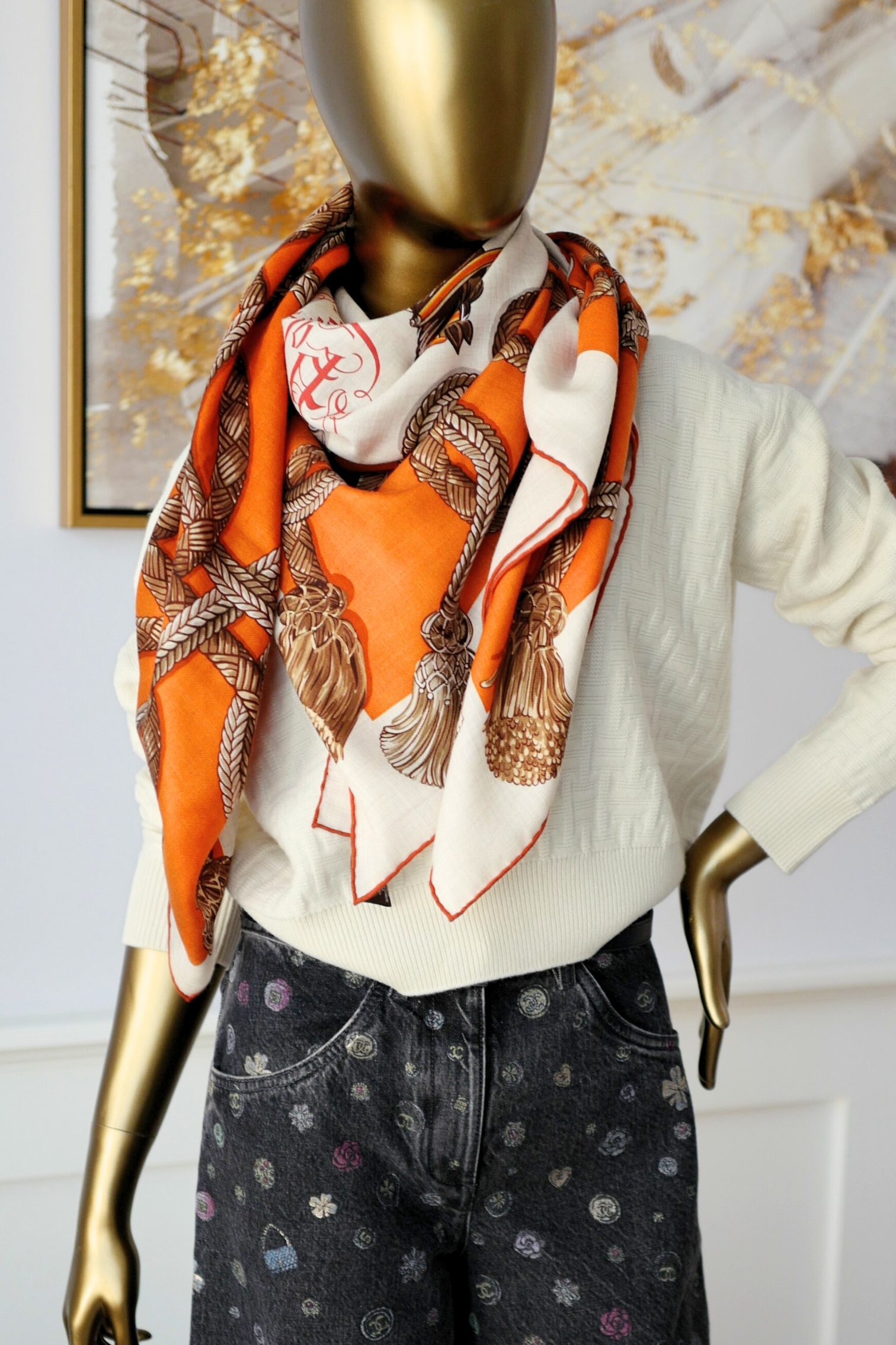 Hermès Palefroi Shawl 140 Cashmere Silk – Naturel / Orange Cuit / Cannelle