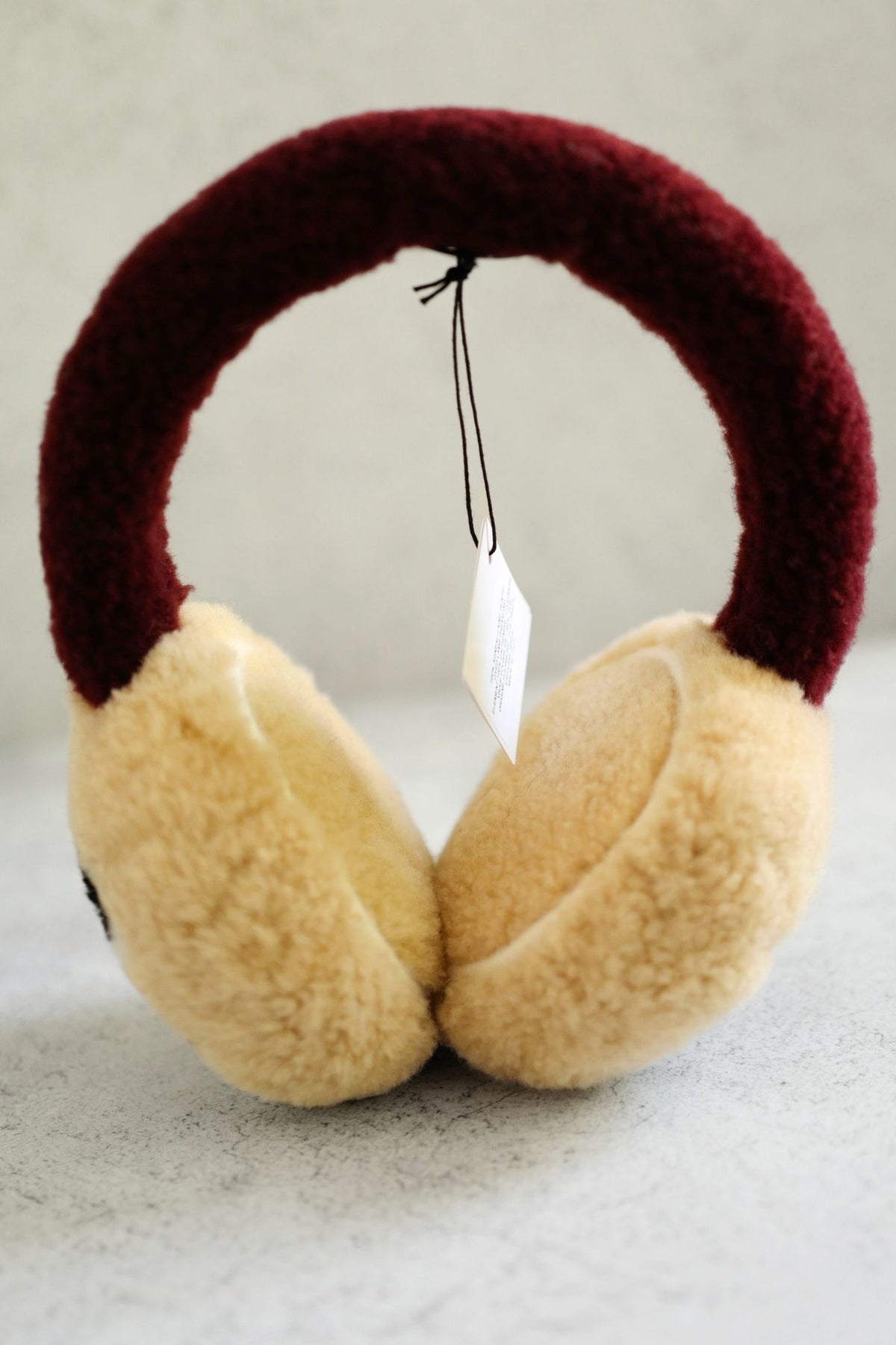 NEW Chanel 26N Coco Neige Earmuffs CC Logo Lamb Shearling in Beige and Burgundy
