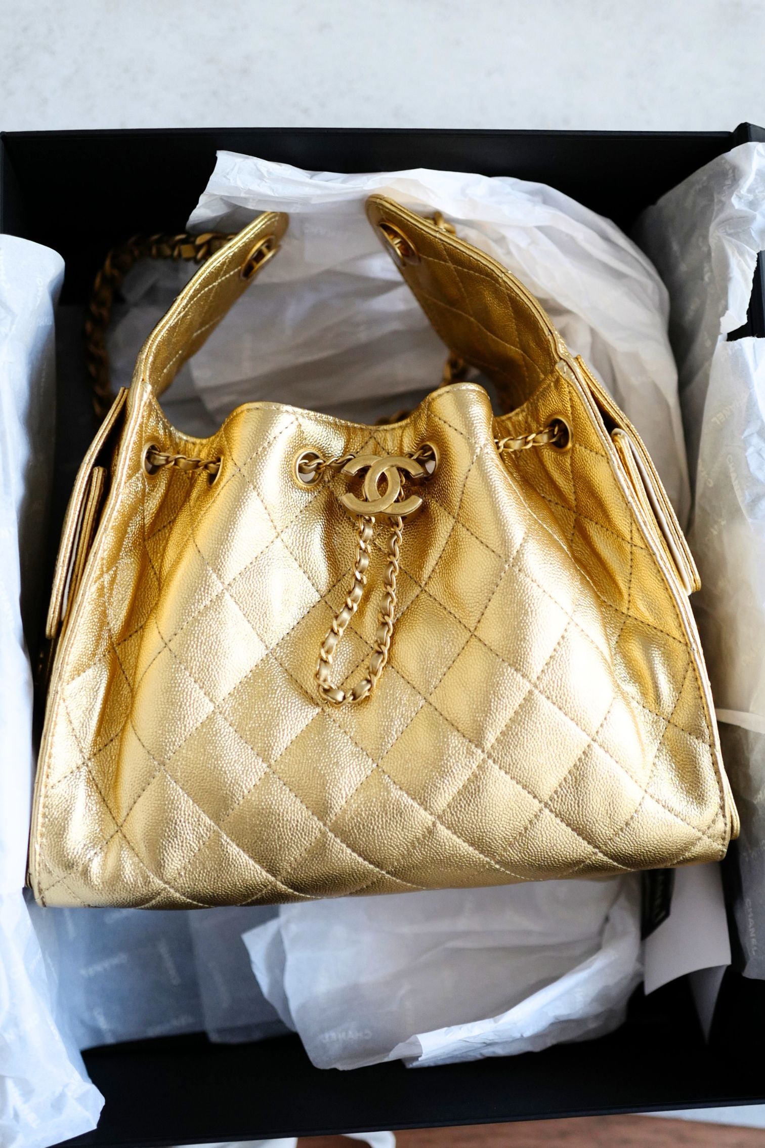 Chanel 26C Small Hobo Gold Metallic Grained Calfskin Gold Hardware