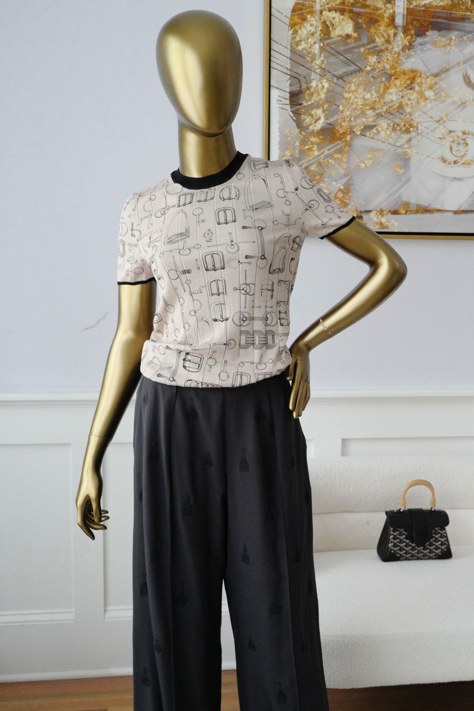 Hermès Short Sleeve Sweater "Cahier du Colporteur" Beige Cashmere Silk Size 36