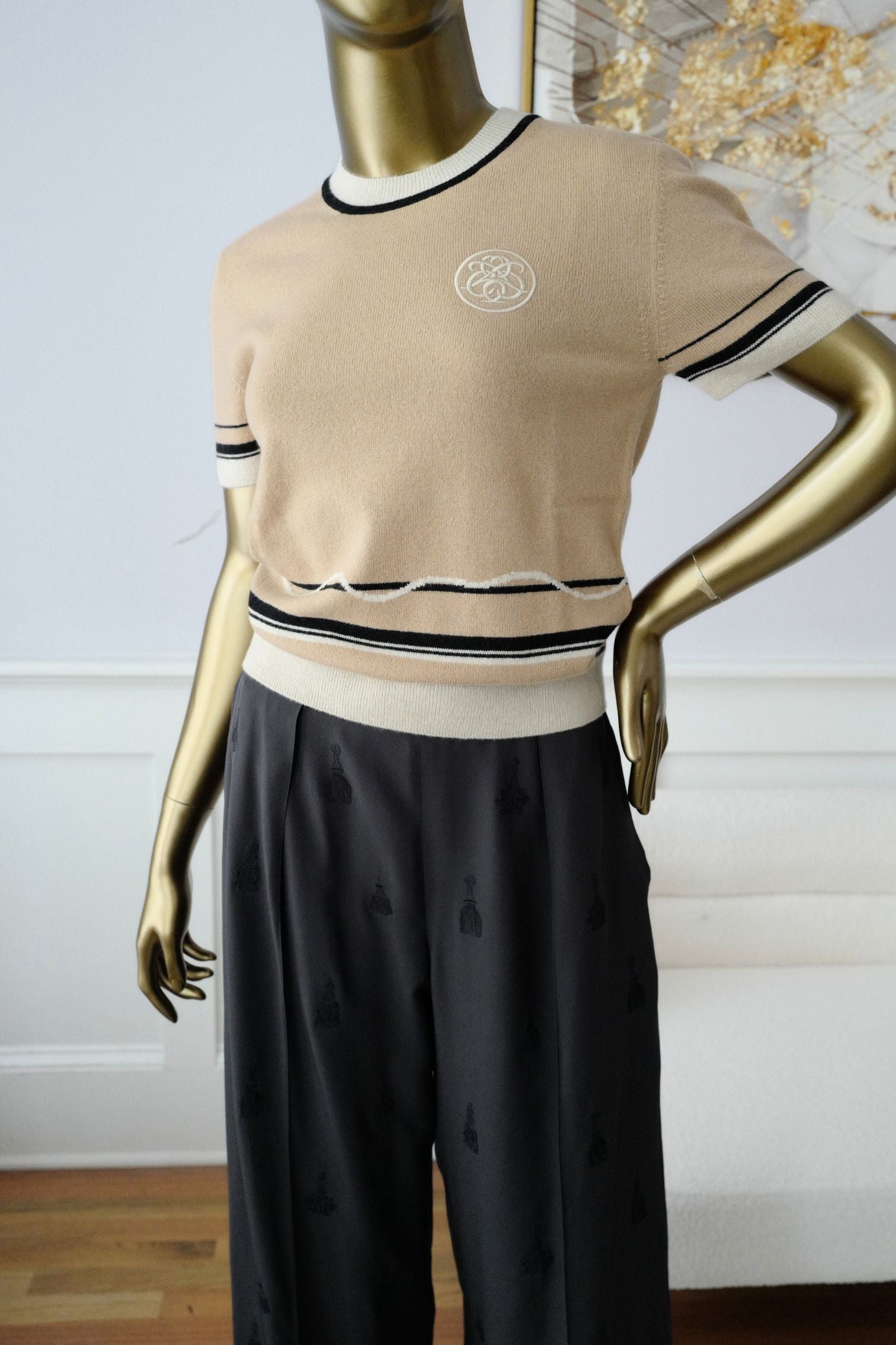 Hermès Sweater Short Sleeved "Ex-Libris" Beige Cajou Cashmere Size 36