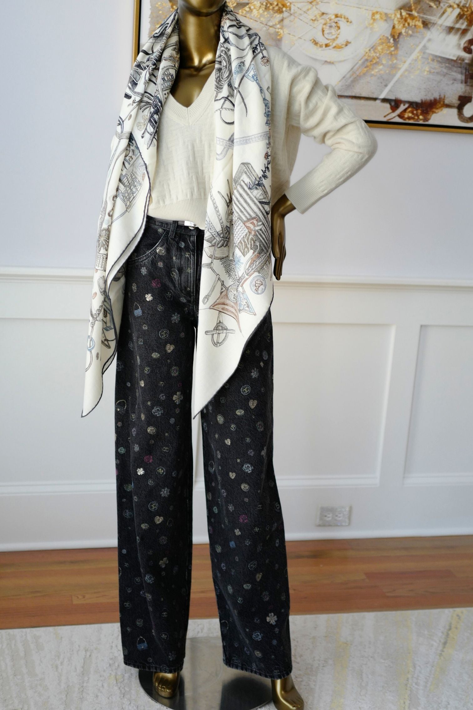 Hermès Le Monde d'Hermès Shawl 140 Cashmere Silk Scarf Blanc Ardoise Etoupe