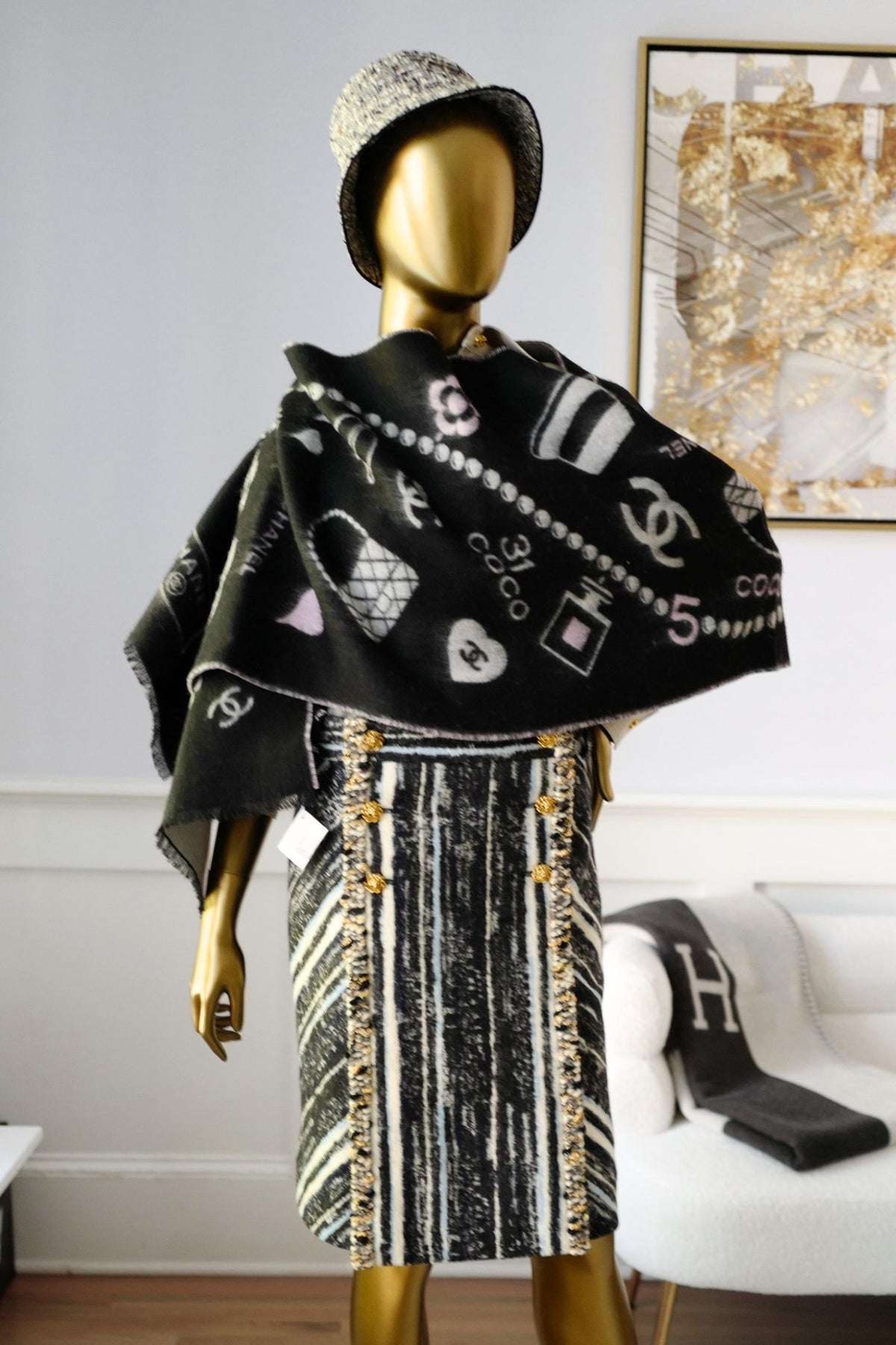 NEW Chanel 25B Black White Wool & Silk Scarf with Pearl Decoration