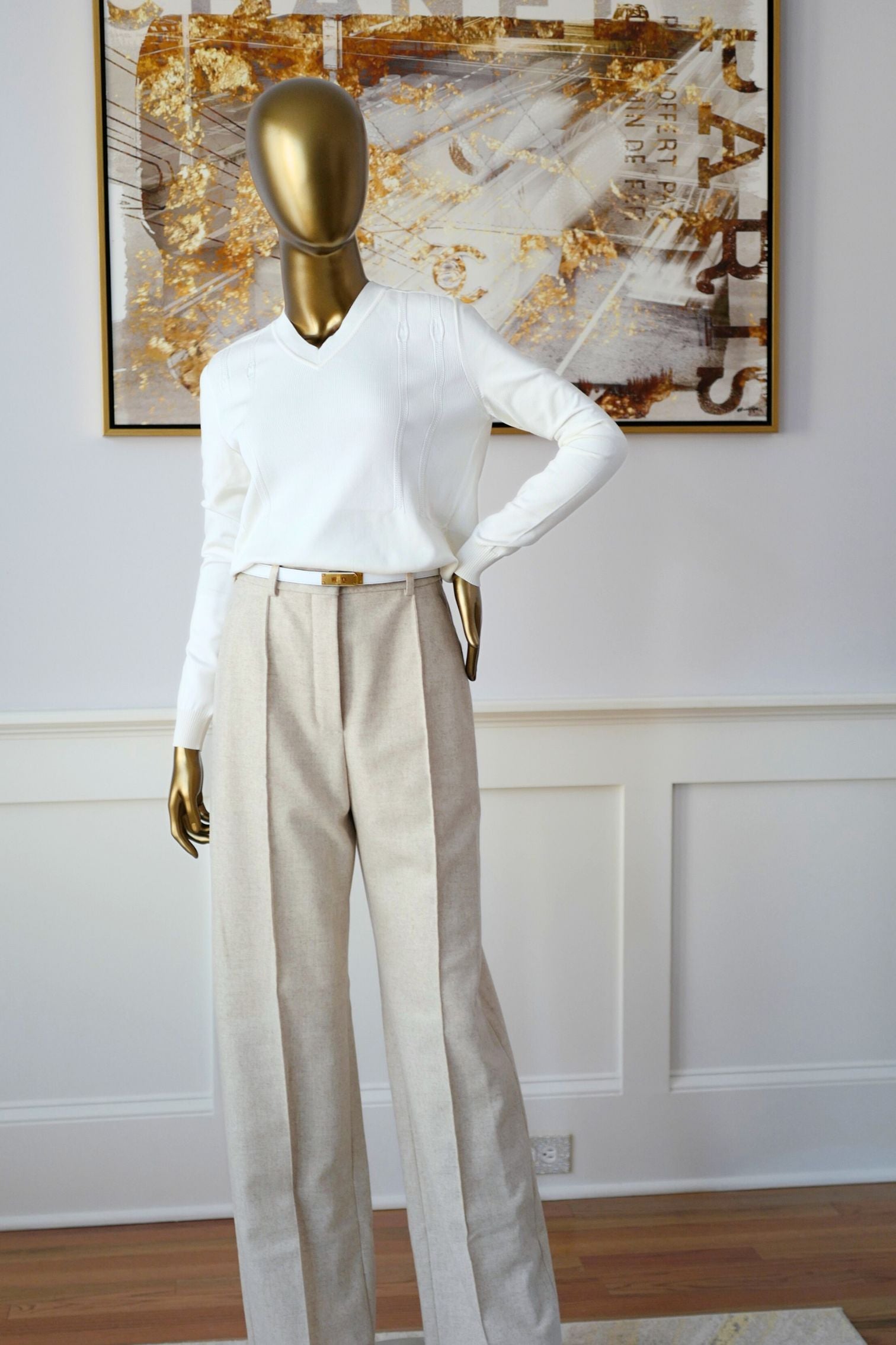 Hermès Long-Sleeve Textured Silk Cotton V-Neck Sweater Blanc Naturel Size 36