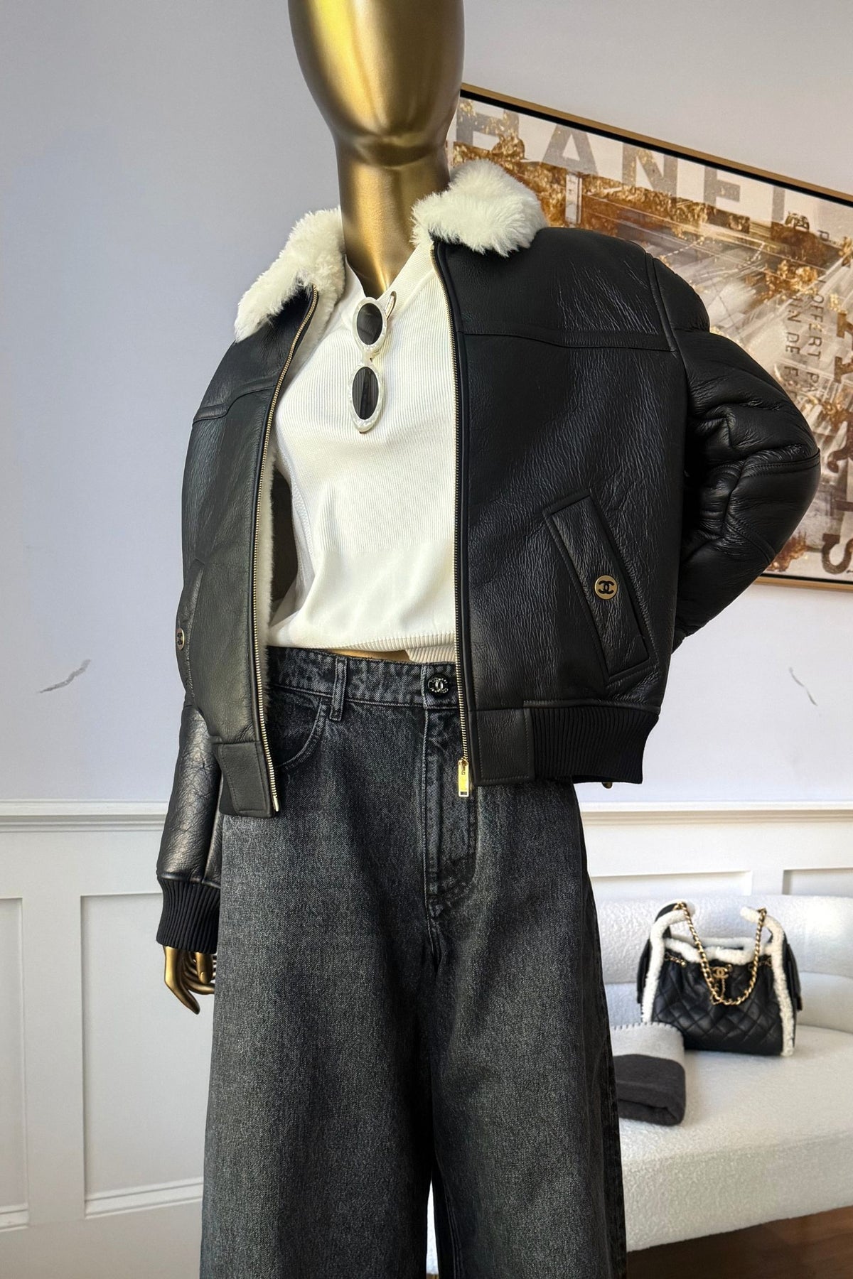 Chanel 26B Blouson Jacket Black White Shearling Lambskin Size 36