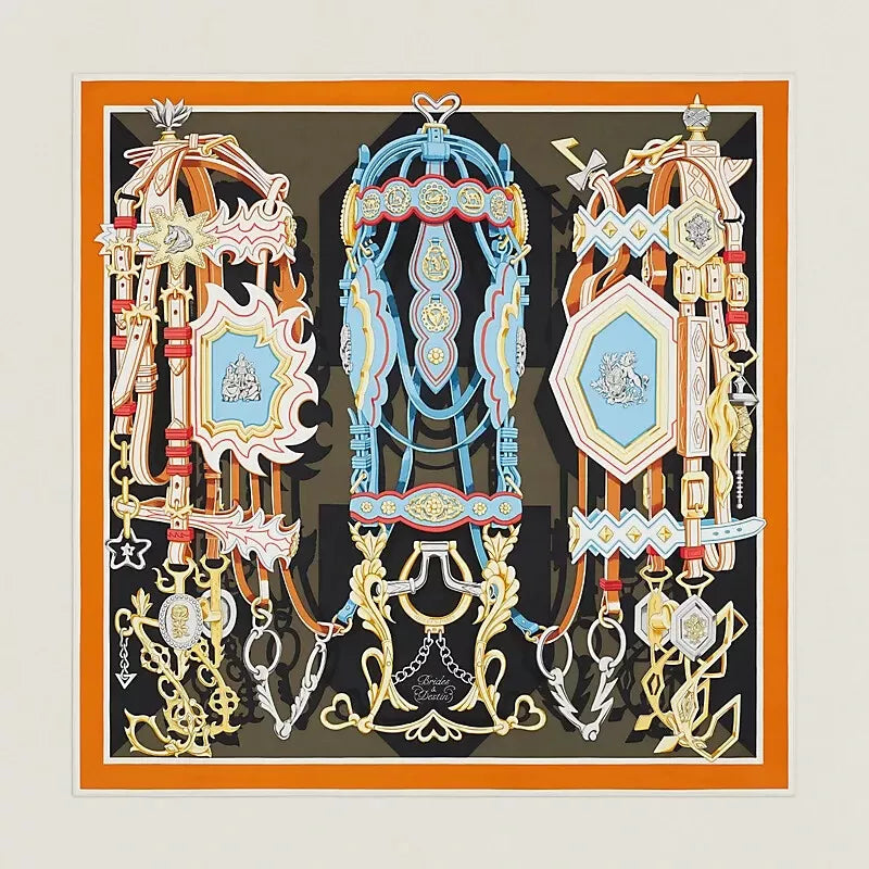 BNIB Hermes Brides et Destin Scarf 90 Anthracite/Ciel/Orange Cuit Silk 36" x 36"