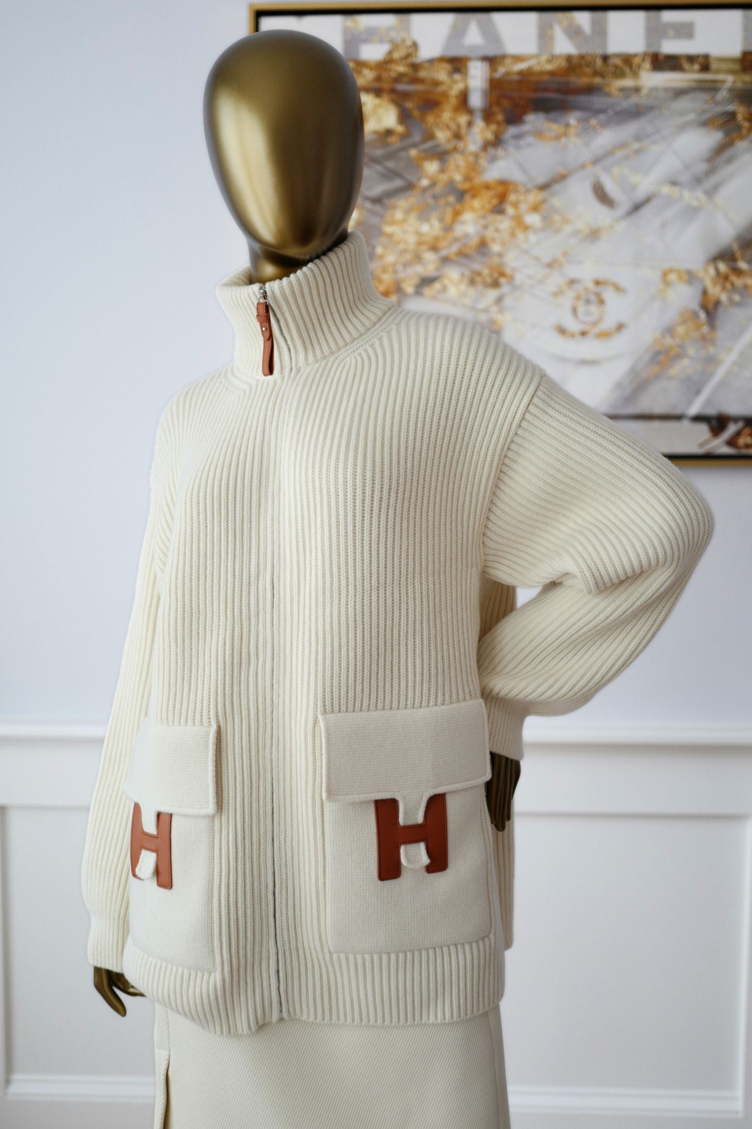 Hermès Blouson Cardigan Blanc Naturel Wool Knit Size 34